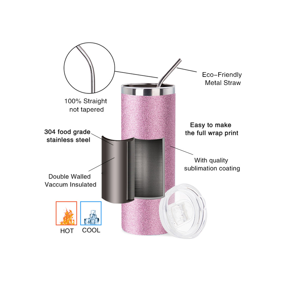 Wholesale 20 OZ Sublimation Skinny Straight Tumbler Glitter Pink With Metal Straw And Slide Lid 8 Pack & 24 Pack & 48 Pack