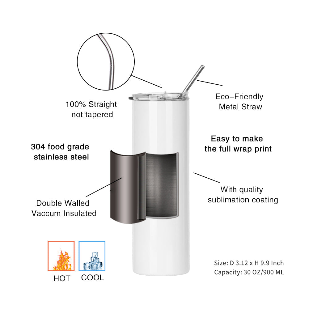 Wholesale 30 OZ Sublimation Skinny Straight Tumbler White With Metal Straw And Slide Lid 24 Pieces