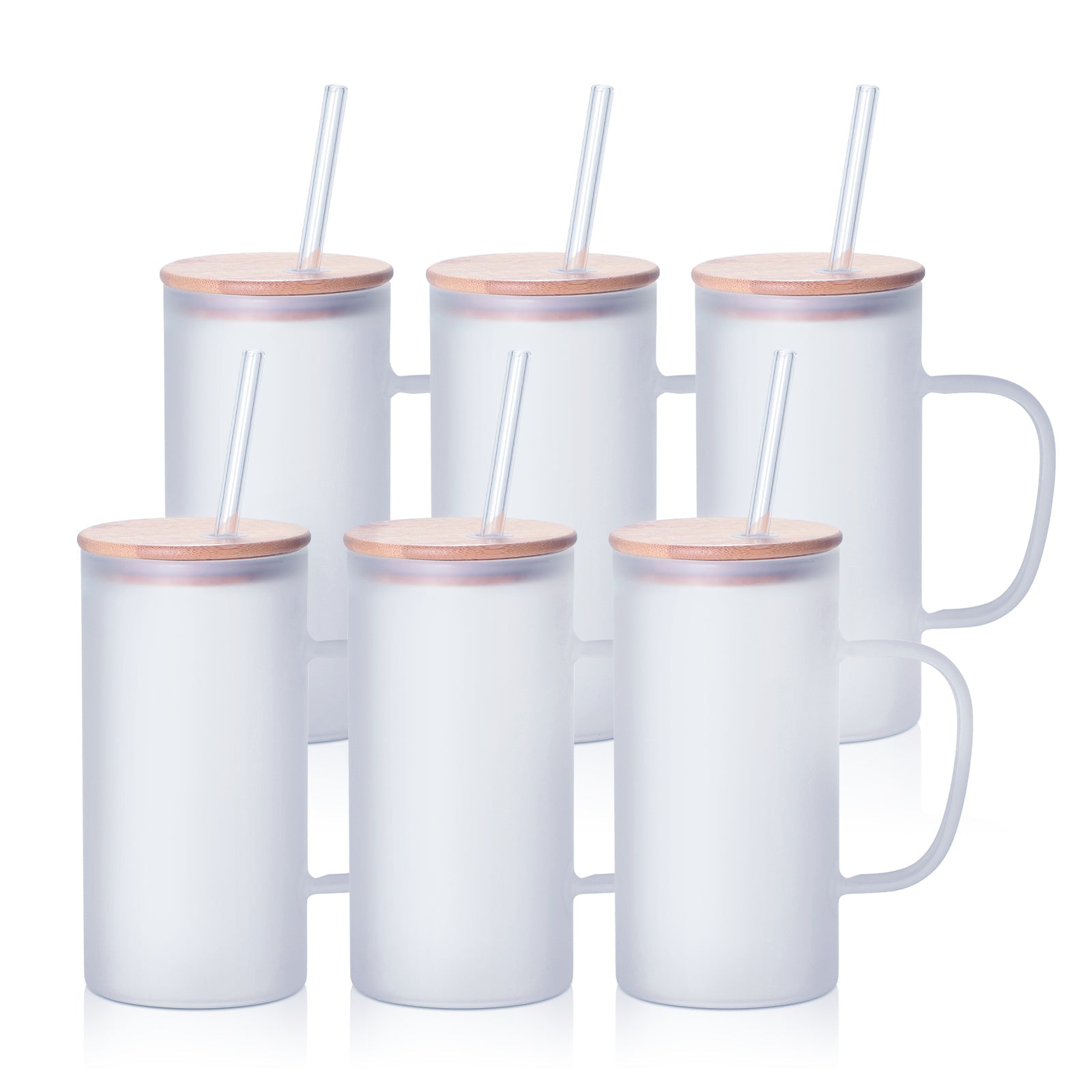 Wholesale Sublimation Glass Juice Mugs Frosted White with Bamboo Lid and Glass Straw 22 Oz 12 Pieces