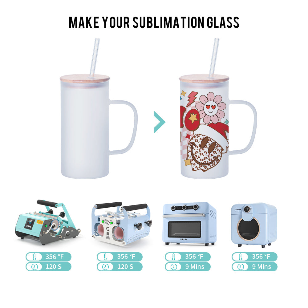 Wholesale Sublimation Glass Juice Mugs Frosted White with Bamboo Lid and Glass Straw 22 Oz 12 Pieces