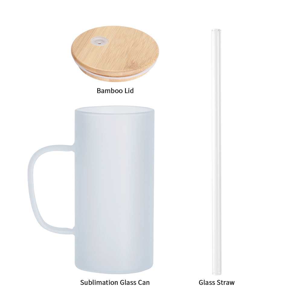 Wholesale Sublimation Glass Juice Mugs Frosted White with Bamboo Lid and Glass Straw 22 Oz 12 Pieces