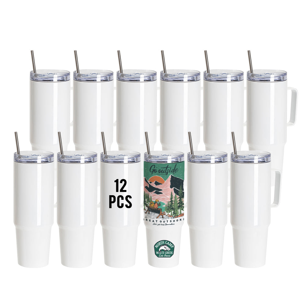 Wholesale 36 OZ Sublimation Travel Tumblers White With Handle, Metal Straw And Screw Top Leak-Proof Slide Lid 8 Pack & 24 Pack & 48 Pack