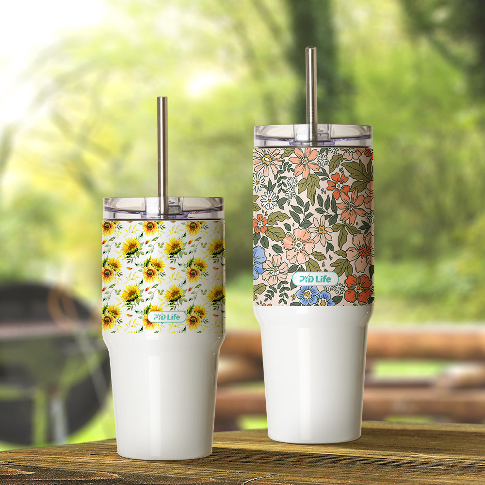 Sublimation Travel Tumblers White with Handle, Metal Straw and Screw Top Leak-Proof Slide Lid 30 oz 4 Pack