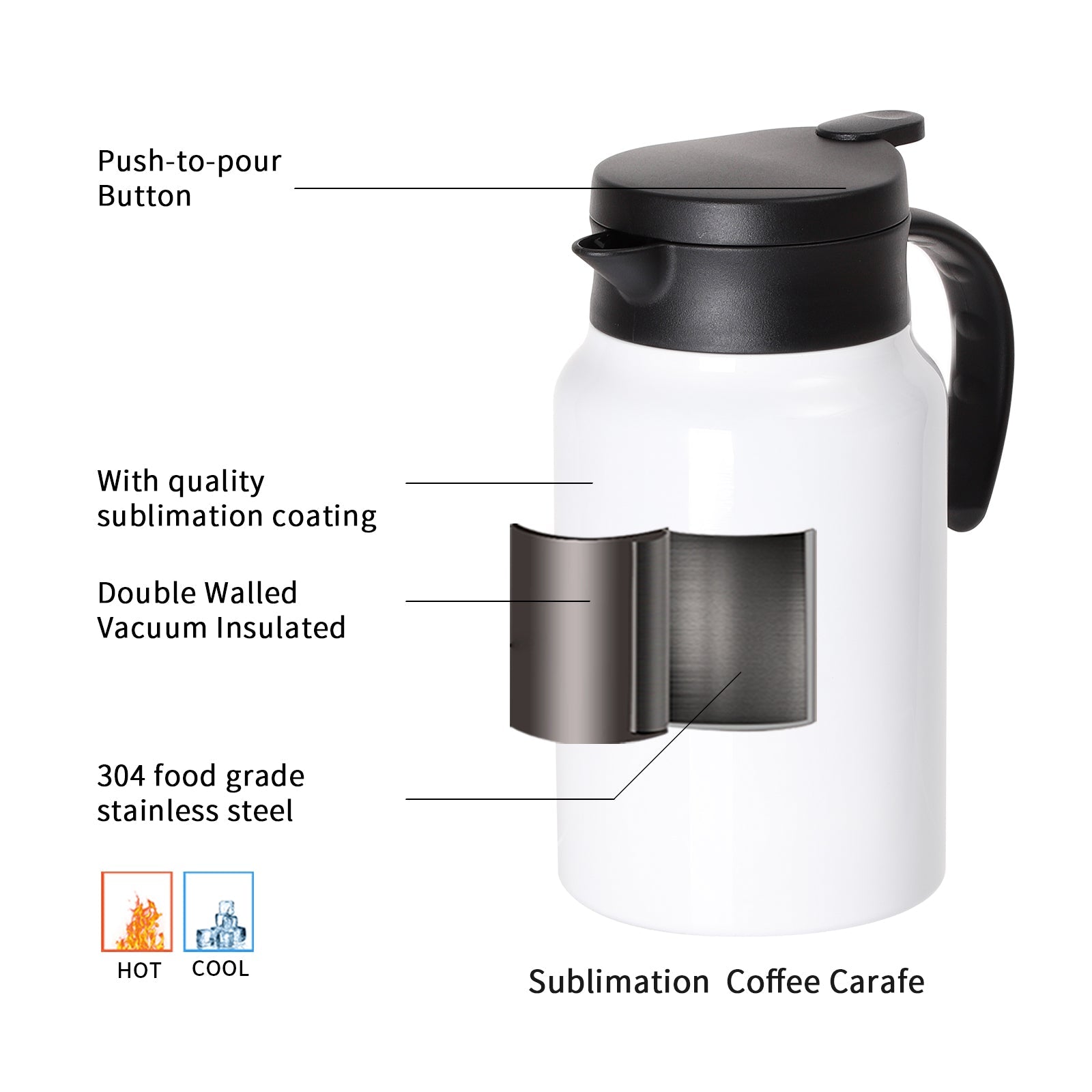 Wholesale 50 OZ 1.5 Liter Sublimation Double Walled Thermal Coffee Carafe Pot White with Shrink Film 2 Pack & 12 Pack & 24 Pack