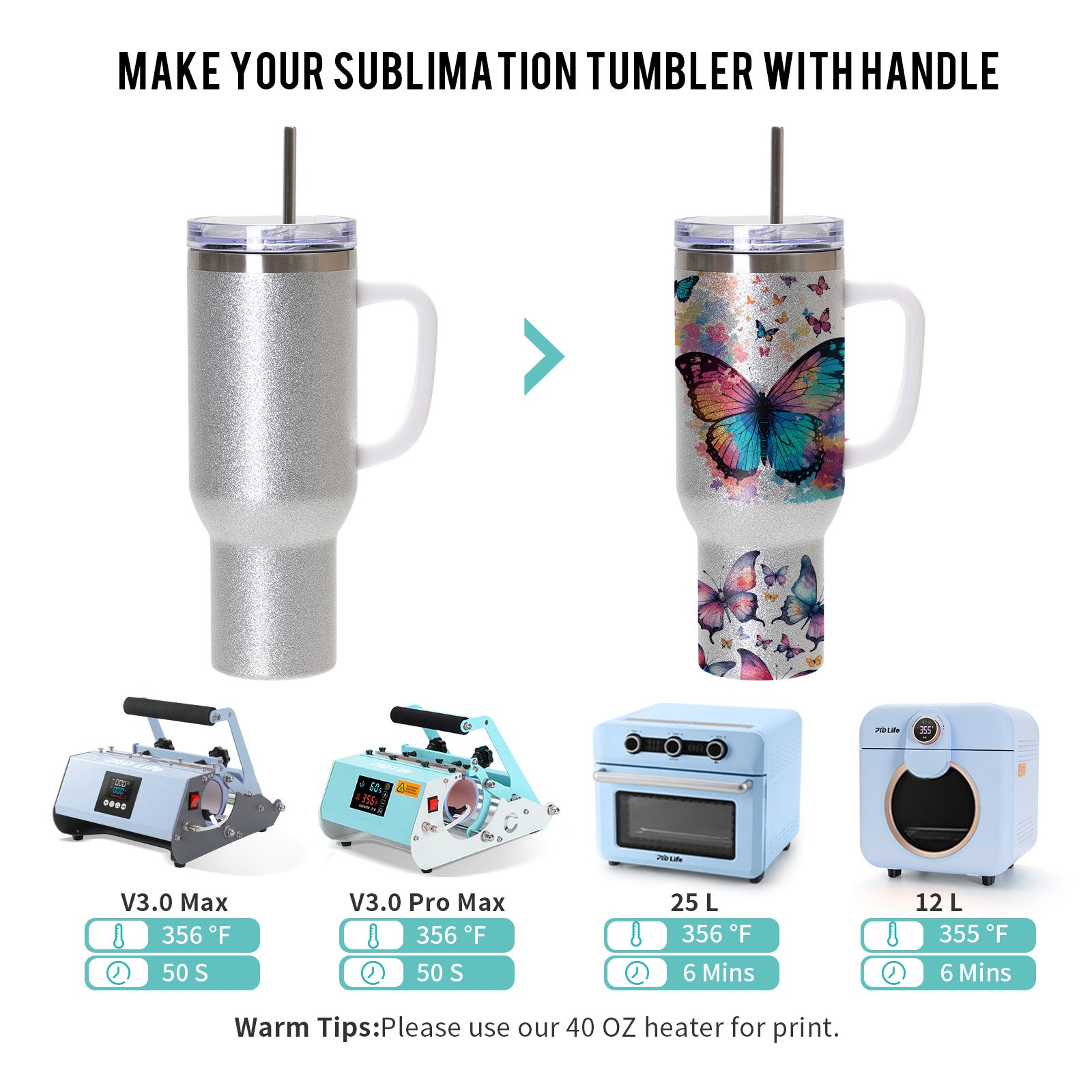 Wholesale Sublimation Blanks Tumblers 40 OZ Glitter Bulk with Removeable Handle Plastic,Leakproof Lid and Stainless Straws(3 Glitter Color Options)8 Pack & 24 Pack & 48 Pack