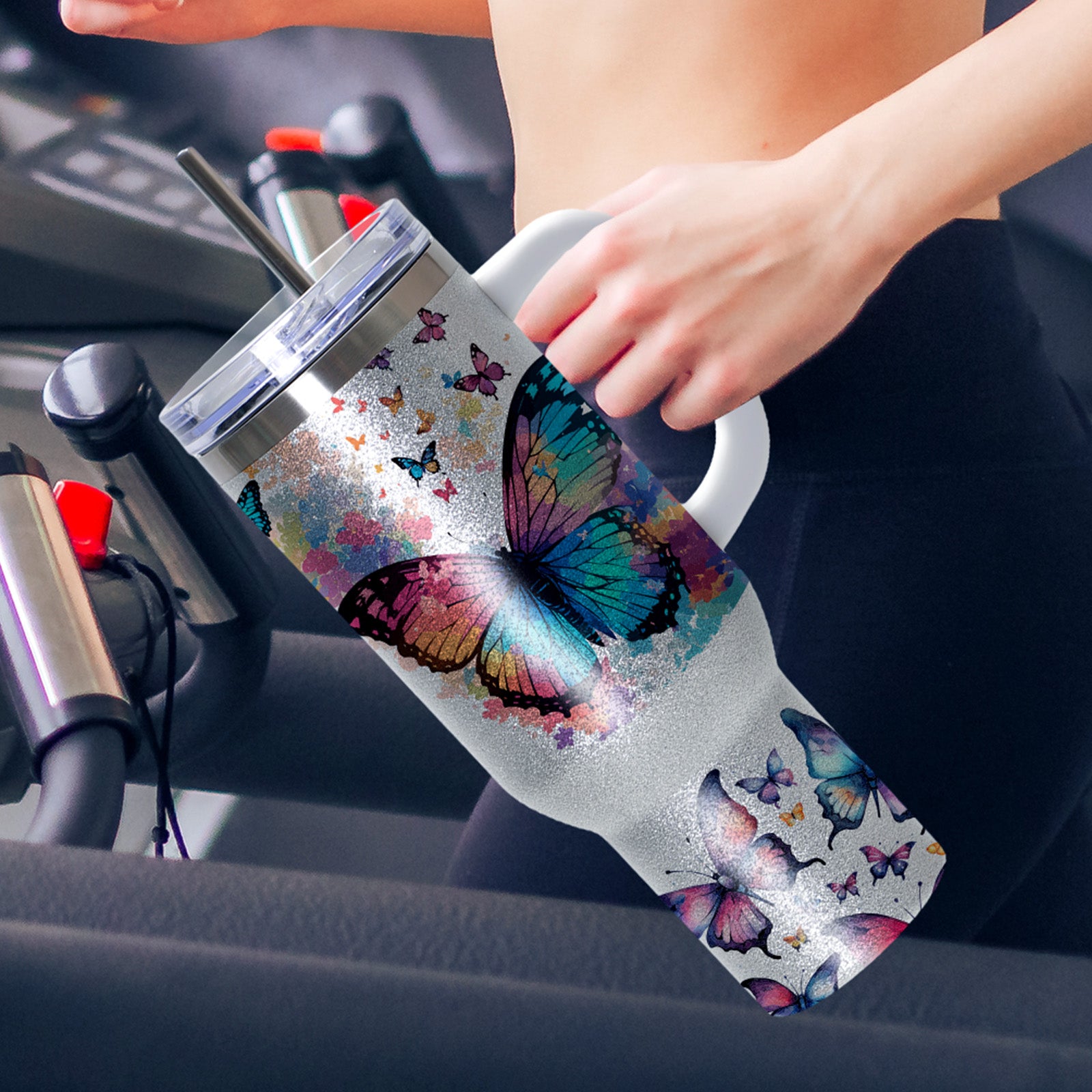Wholesale Sublimation Blanks Tumblers 40 OZ Glitter Bulk with Removeable Handle Plastic,Leakproof Lid and Stainless Straws(3 Glitter Color Options)8 Pack & 24 Pack & 48 Pack