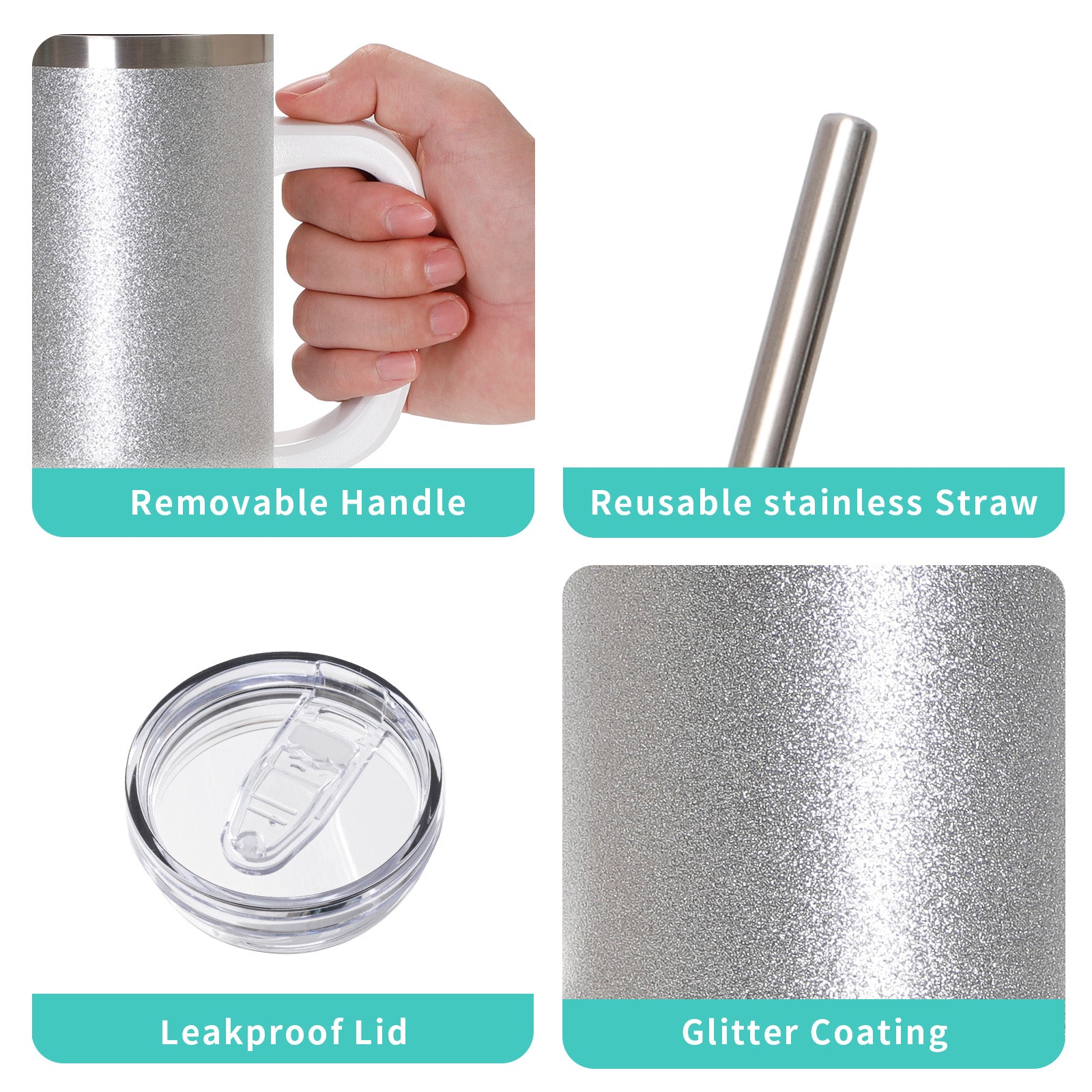 Wholesale Sublimation Blanks Tumblers 40 OZ Glitter Bulk with Removeable Handle Plastic,Leakproof Lid and Stainless Straws(3 Glitter Color Options)8 Pack & 24 Pack & 48 Pack