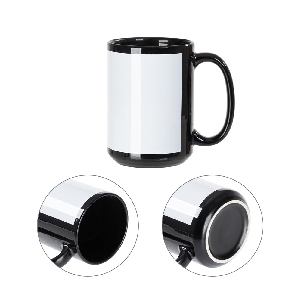 Wholesale 15 OZ Sublimation Ceramic Coffee Mugs Black with White Patch & Strong Inner Box 8 Pack