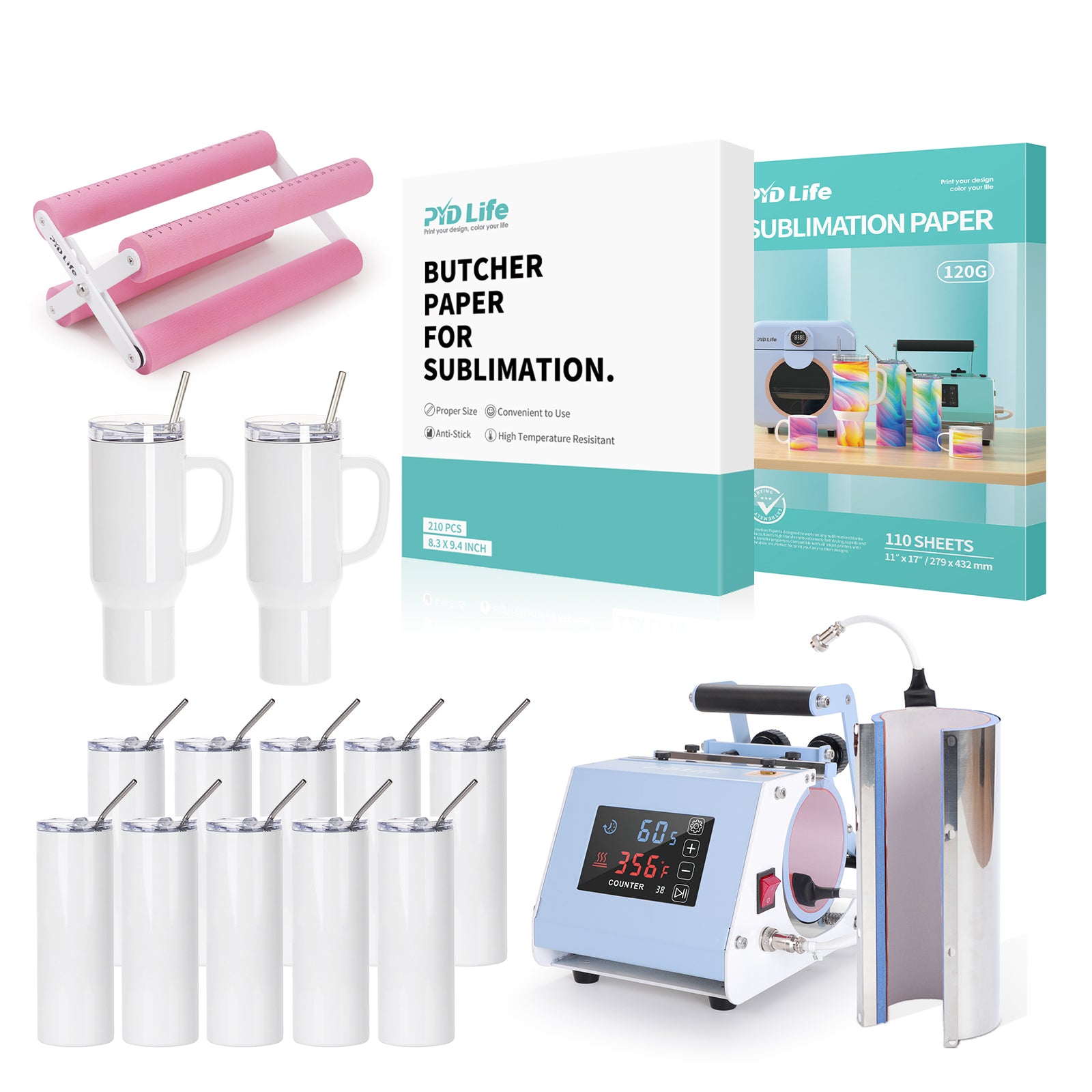 40 oz 30 oz V3.0 Pro 2 in 1 mug press Heat Press Machine Sublimation Starter Benginers Kit Bundle with 20 OZ Sublimation Tumblers,40 OZ Sublimation Tumblers,Sublimation Paper,Cup Tumbler Cradle and Butcher Paper