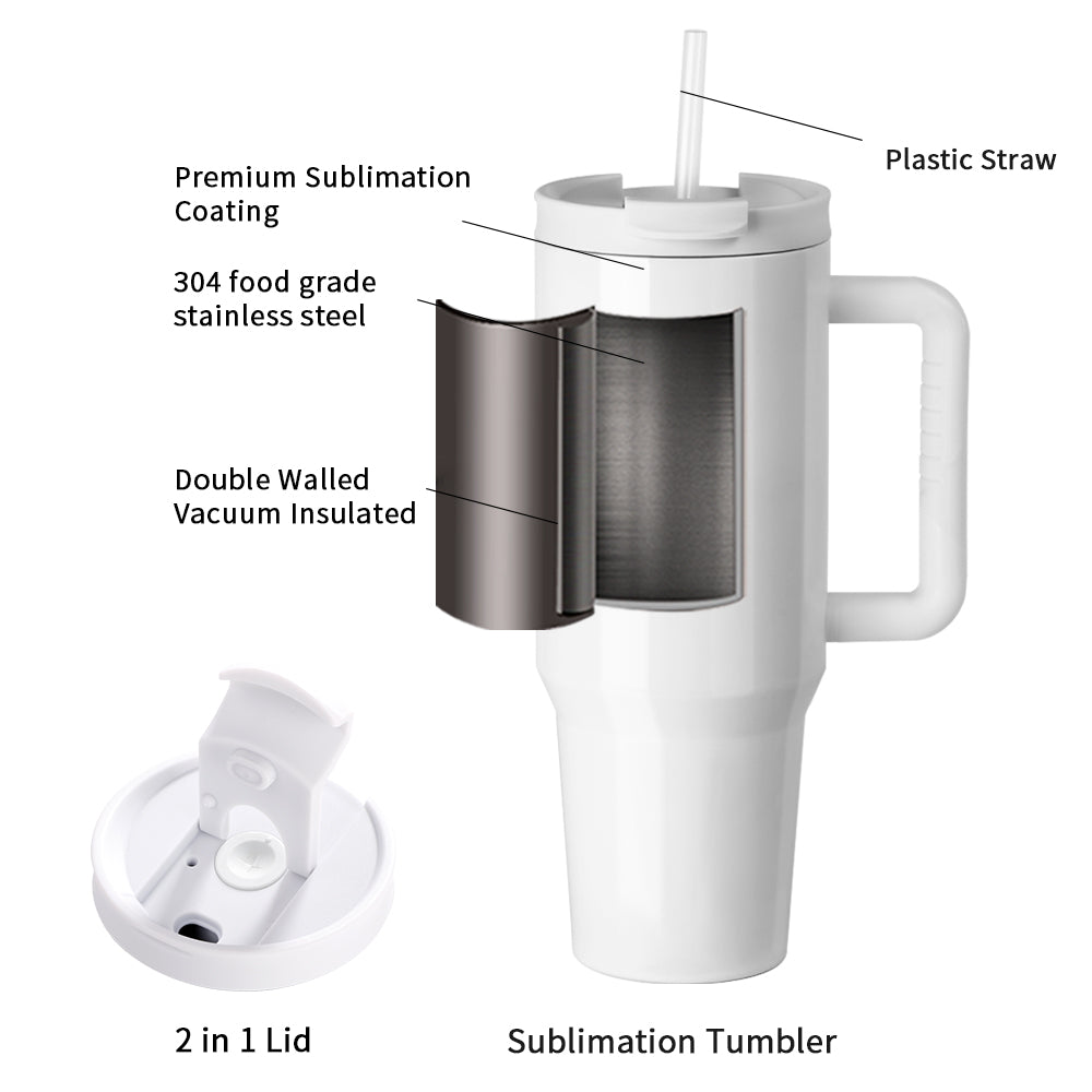 Wholesale 40 OZ Sublimation Tumblers with Handle White Blanks Stainless Steel Cups Mugs with Lid and Plastic Straw 2 Pack & 8 Pack & 16 Pack