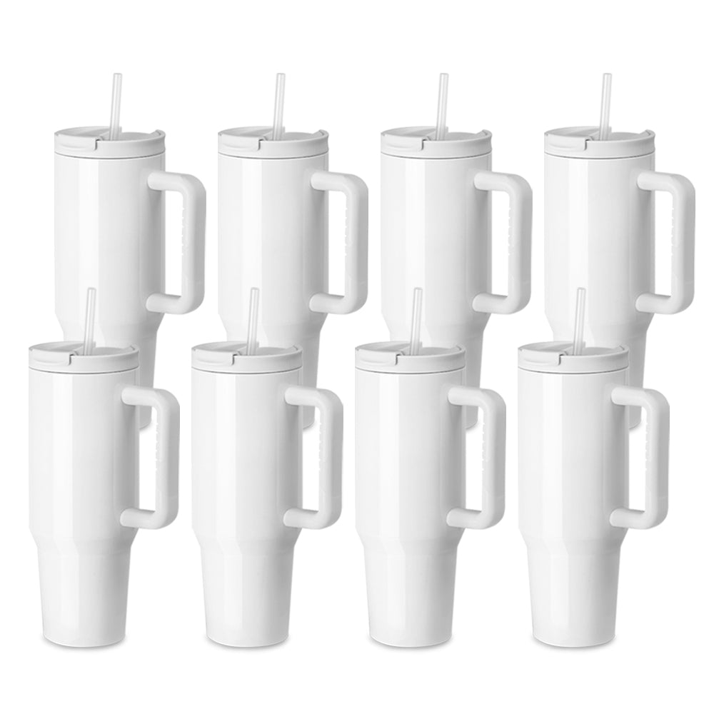 Wholesale 40 OZ Sublimation Tumblers with Handle White Blanks Stainless Steel Cups Mugs with Lid and Plastic Straw 2 Pack & 8 Pack & 16 Pack