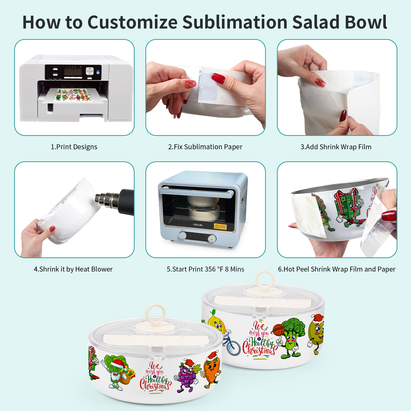 Sublimation Salad Bowl Kit with 32oz 1QT OR 48OZ Salad Bowl, Shrink Wrap Film,Heat Tape & Heat Gun