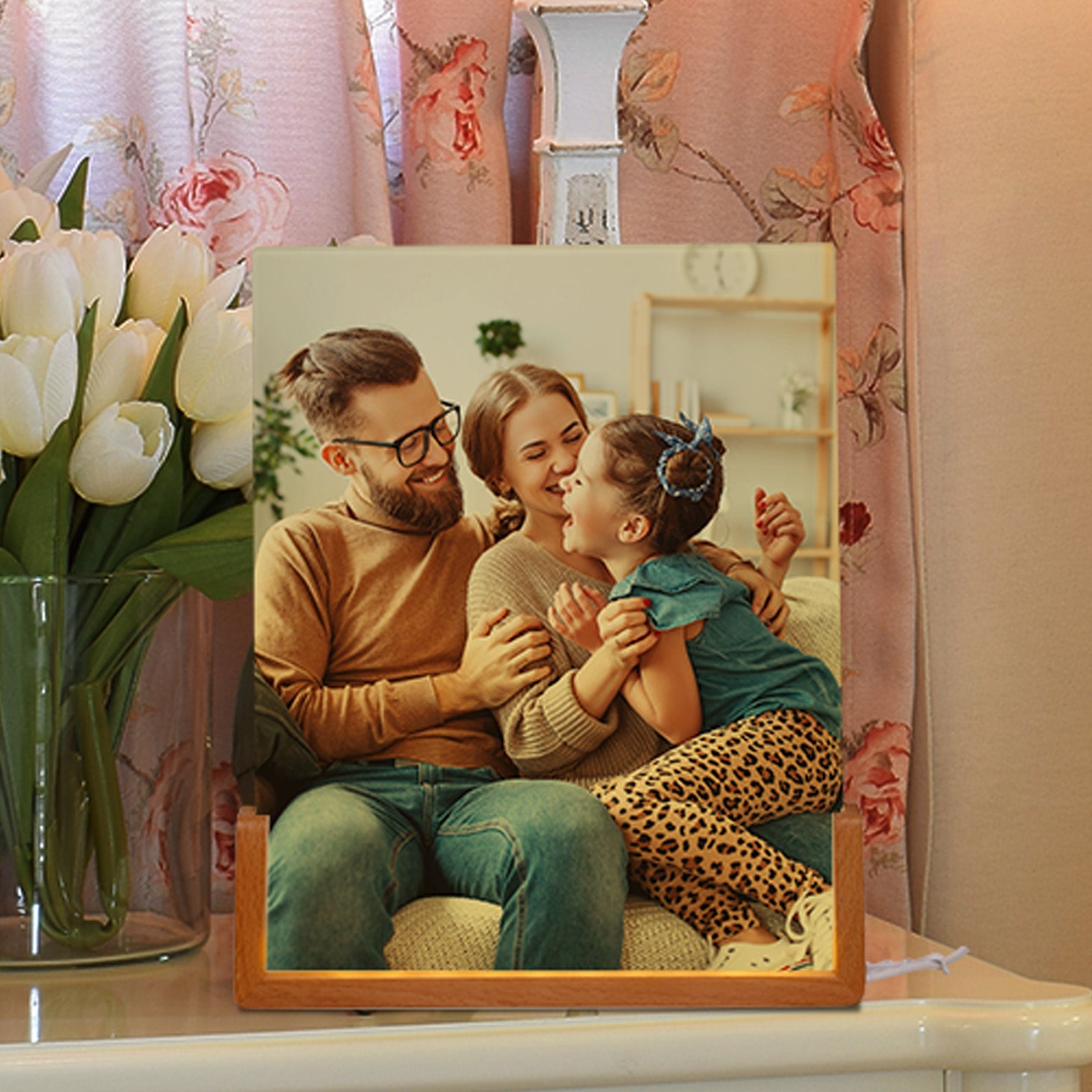 Wholesale 8" x 10" Sublimation Night Lights Blanks LED Glass Photo Frames Panels Bulk White with Warm Light,with Wood Stand for Mother's Day Gift