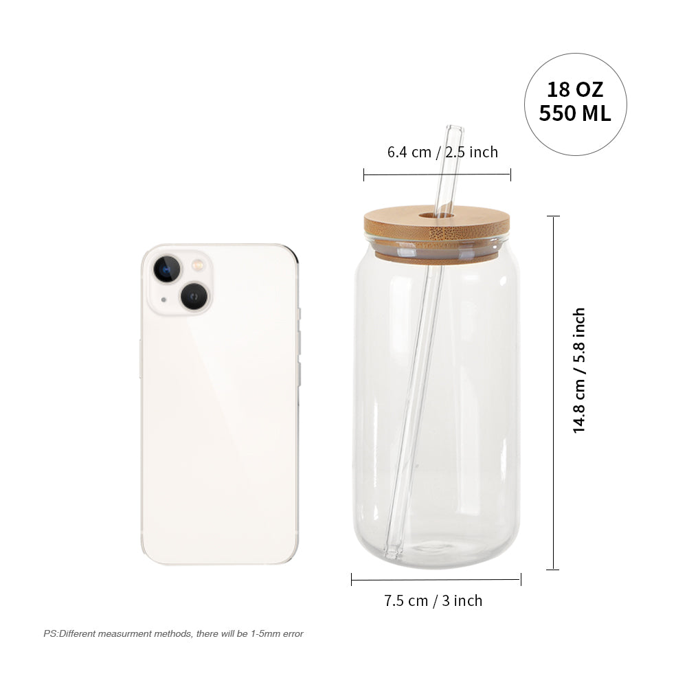 Wholesale 18 OZ Glass Cups Cans with Bamboo Lids,Glass Straw and 2 Cleaning Brushes Clear Glasses Drinking Set 12 Pack & 48 Pack & 96 Pack