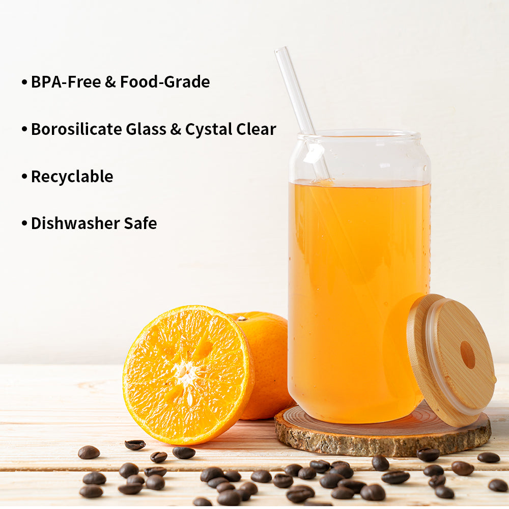 Wholesale 18 OZ Glass Cups Cans with Bamboo Lids,Glass Straw and 2 Cleaning Brushes Clear Glasses Drinking Set 12 Pack & 48 Pack & 96 Pack