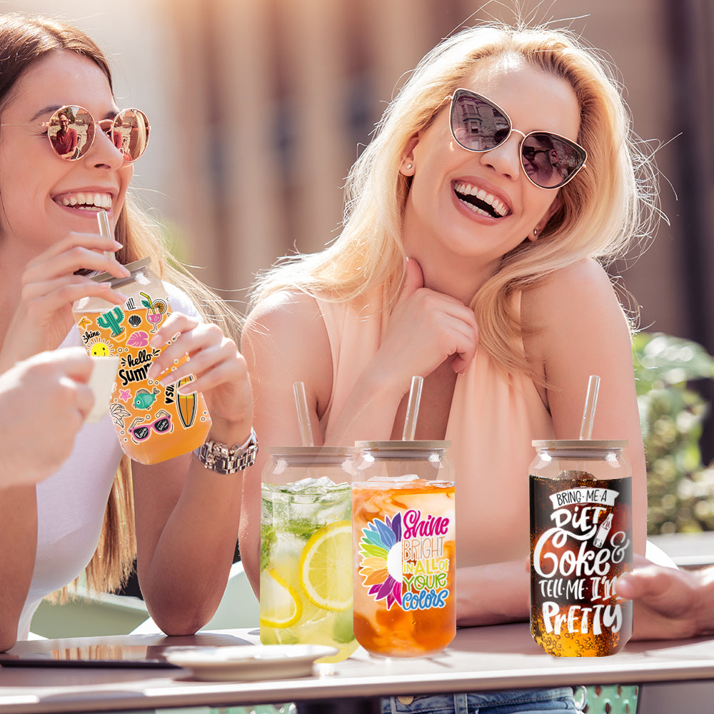 Wholesale 18 OZ Glass Cups Cans with Bamboo Lids,Glass Straw and 2 Cleaning Brushes Clear Glasses Drinking Set 12 Pack & 48 Pack & 96 Pack