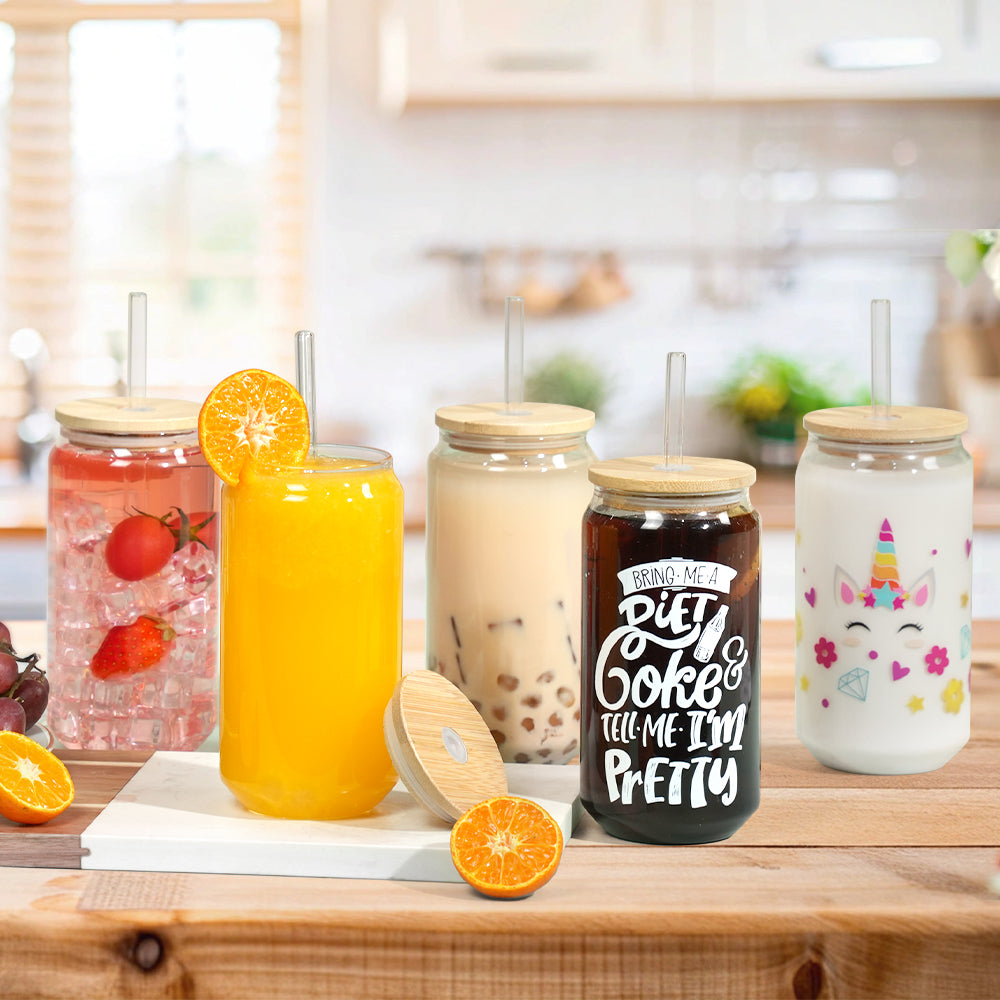 Wholesale 18 OZ Glass Cups Cans with Bamboo Lids,Glass Straw and 2 Cleaning Brushes Clear Glasses Drinking Set 12 Pack & 48 Pack & 96 Pack