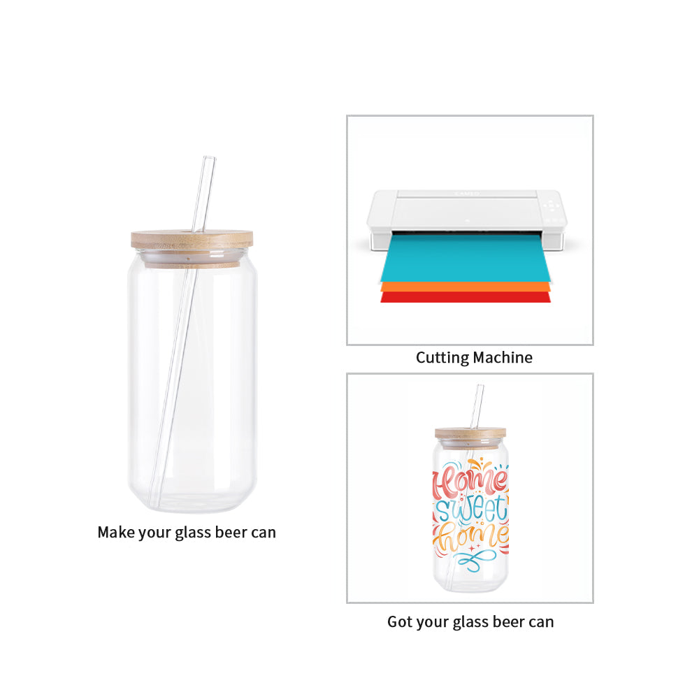 Wholesale Beer Can Glass With Bamboo Lids and Glass Straws 