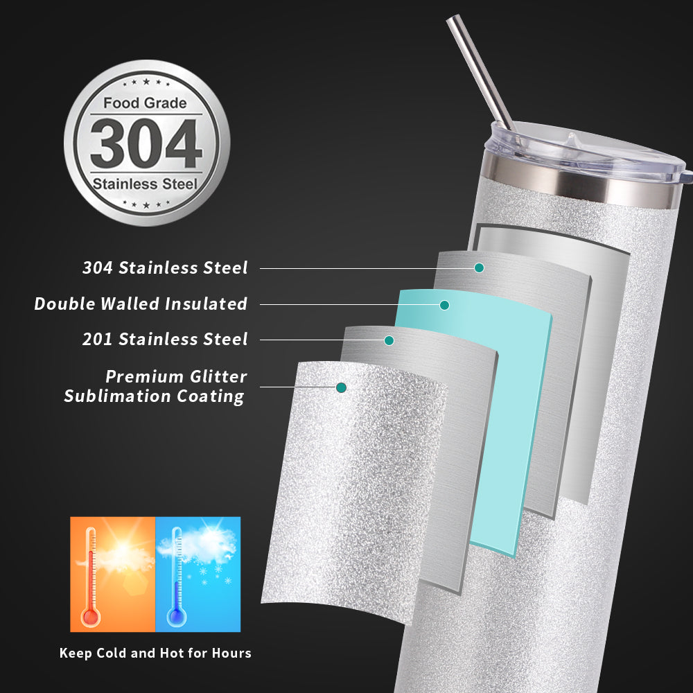 PYD Life Sublimation Blanks Glitter Tumbler Skinny Silver 20 OZ Straight  Stainless Steel Tumbler with Lid and Metal Straw for Tumbler Press Machine
