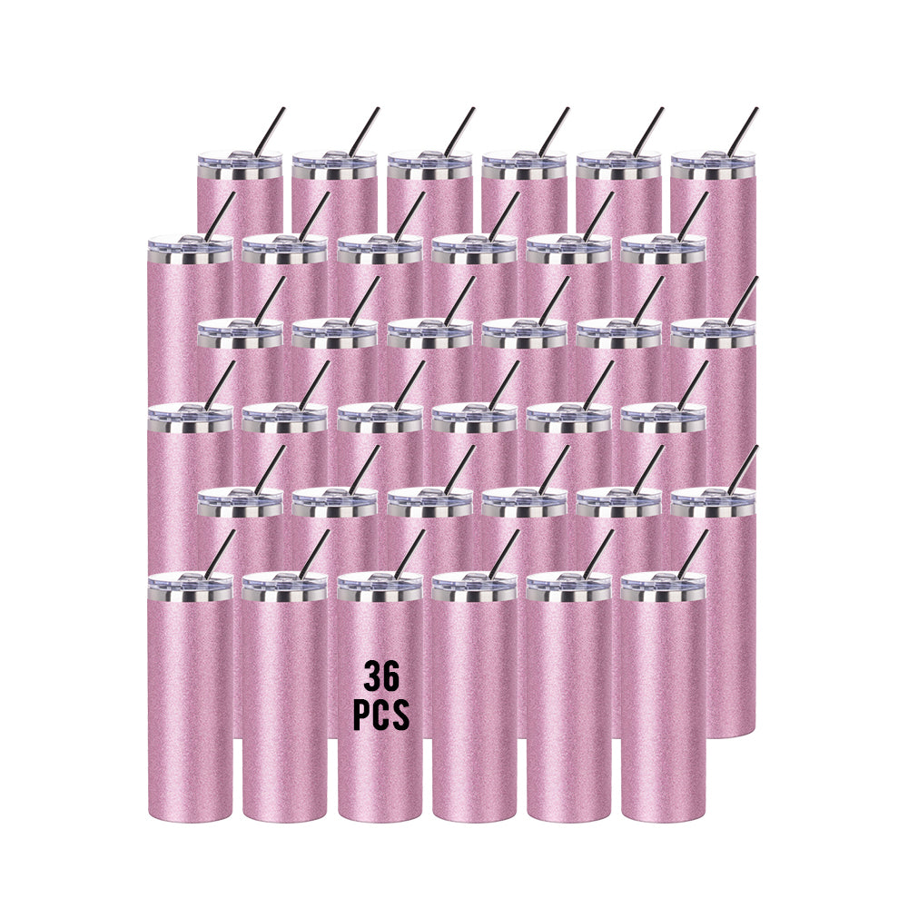 Wholesale 20 OZ Sublimation Skinny Straight Tumbler Glitter Pink With Metal Straw And Slide Lid 8 Pack & 24 Pack & 48 Pack