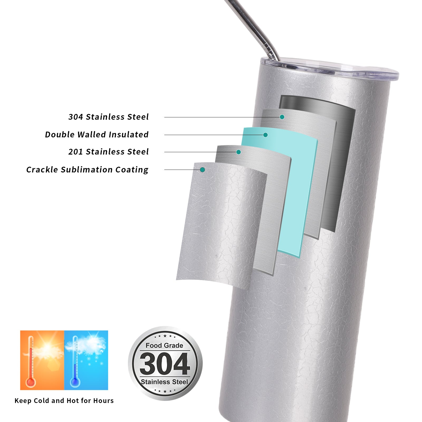 Skinny Tumbler Crackle Finish Grey & White with Metal Straw and Leak-proof Slide Lid 4 Pack