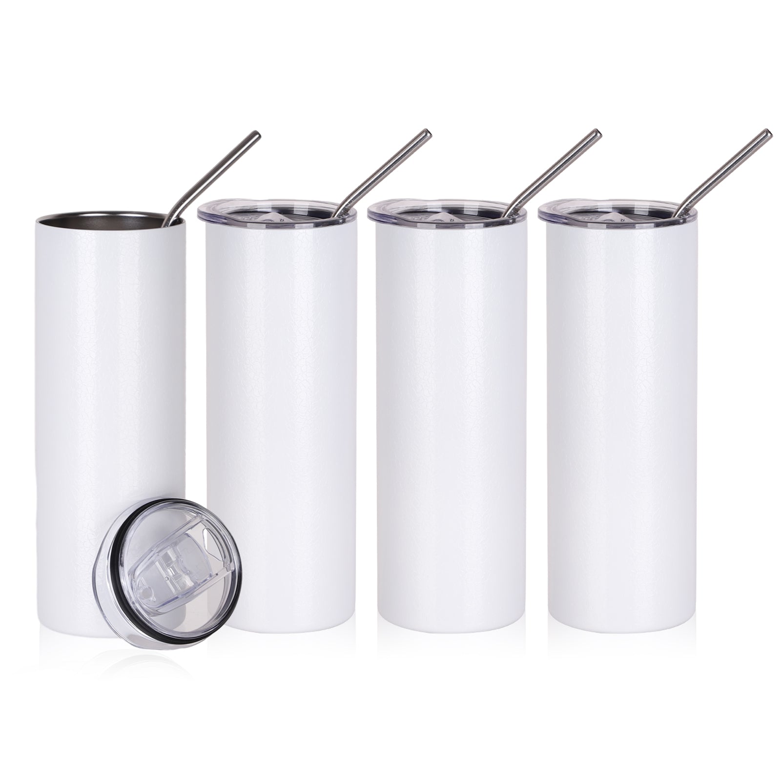 Skinny Tumbler Crackle Finish Grey & White with Metal Straw and Leak-proof Slide Lid 4 Pack