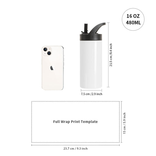 Wholesale 16 OZ Sublimation Skinny Tumbler Bottles White With Screw Handle Cap And Straw 8 Pack & 30 Pack & 60 Pack