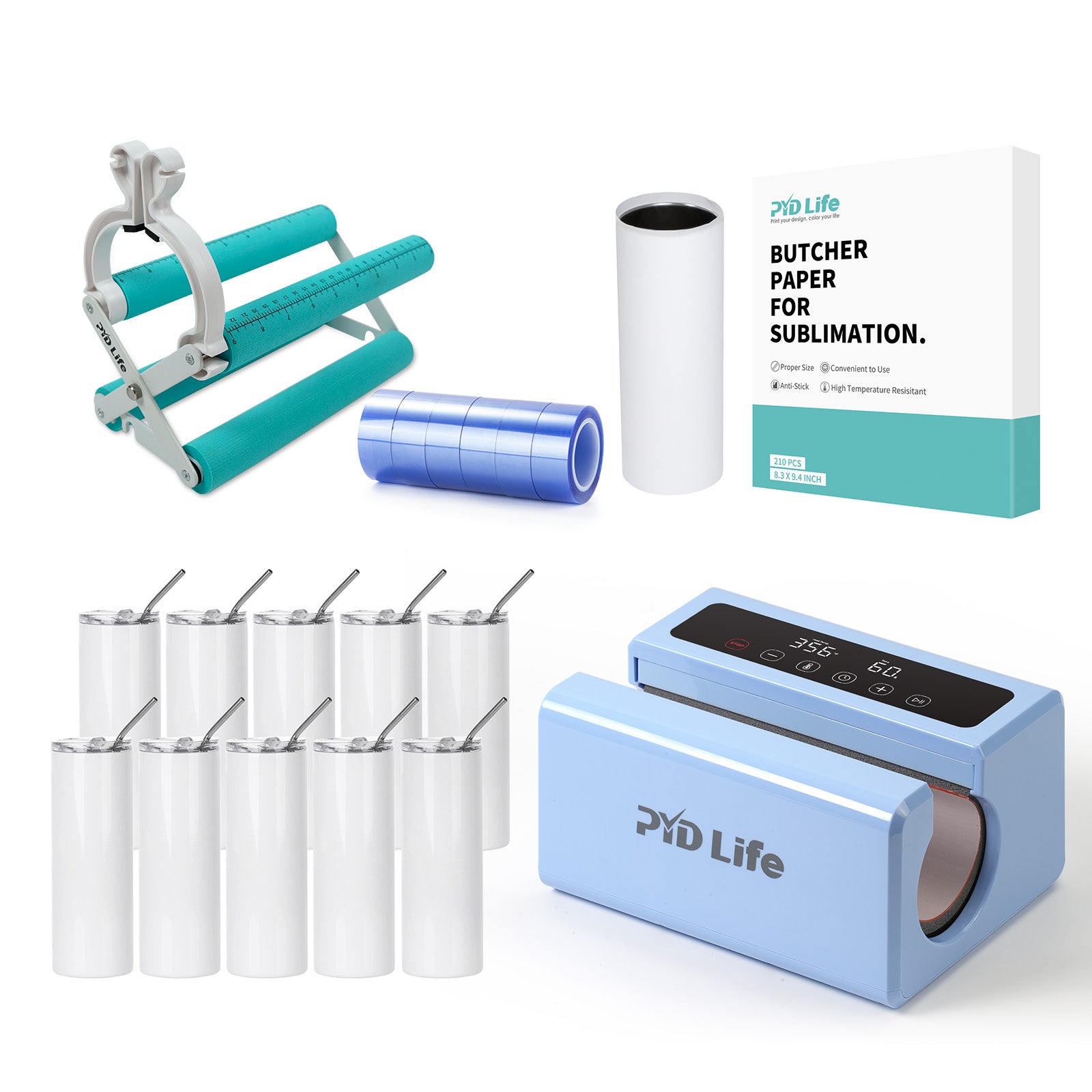 Auto Tumbler Heat Press Sublimation Starter Benginers Kit Bundle with Sublimation Tumblers,Sublimation Tape,Cups Cradle with Clamp  and Butcher Paper (4 Options)
