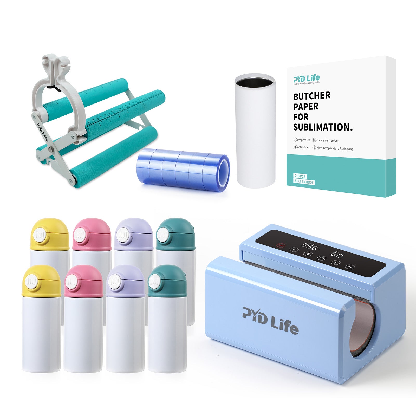 Auto Tumbler Heat Press Sublimation Starter Benginers Kit Bundle with Sublimation Tumblers,Sublimation Tape,Cups Cradle with Clamp  and Butcher Paper (4 Options)