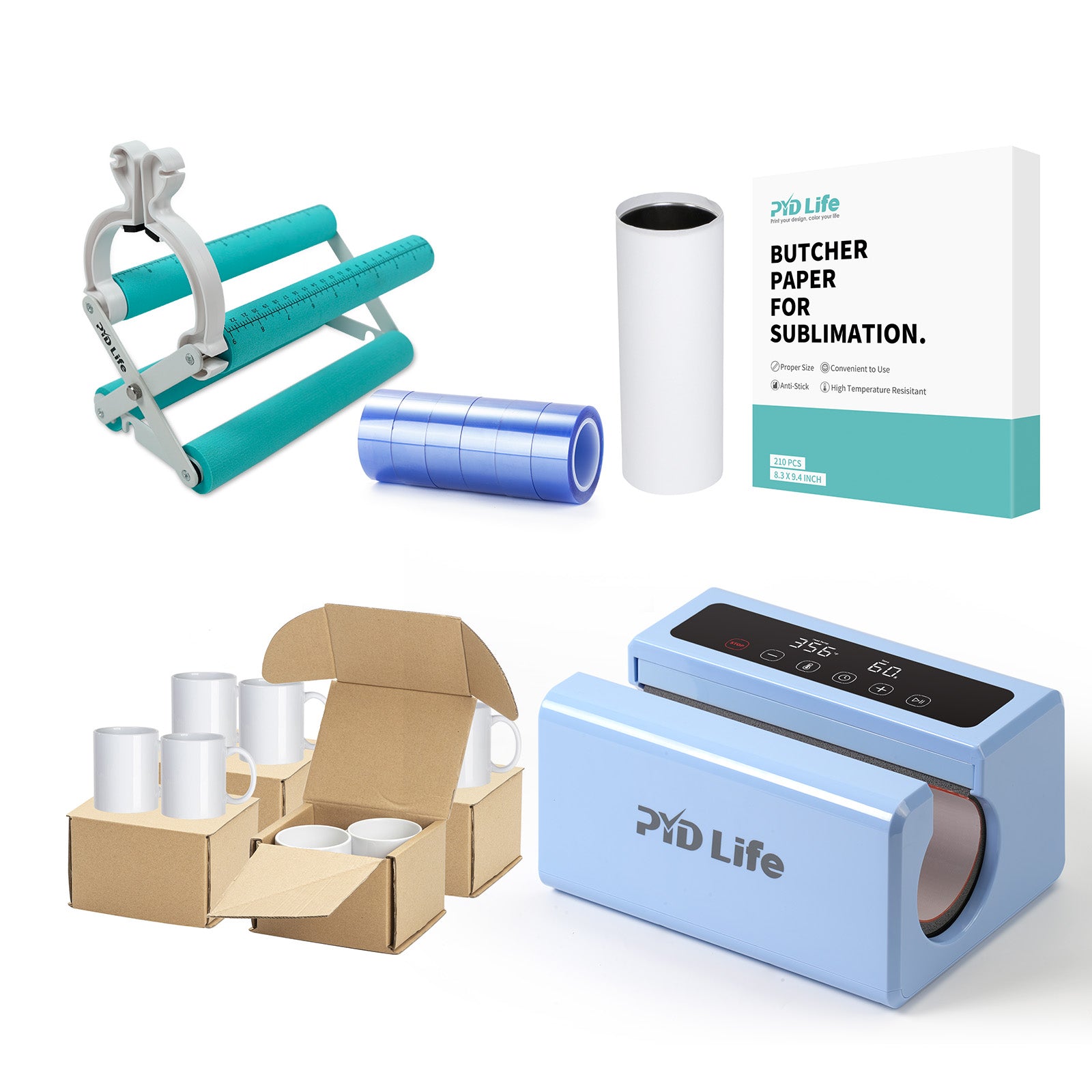 Auto Tumbler Heat Press Sublimation Starter Benginers Kit Bundle with Sublimation Tumblers,Sublimation Tape,Cups Cradle with Clamp  and Butcher Paper (4 Options)