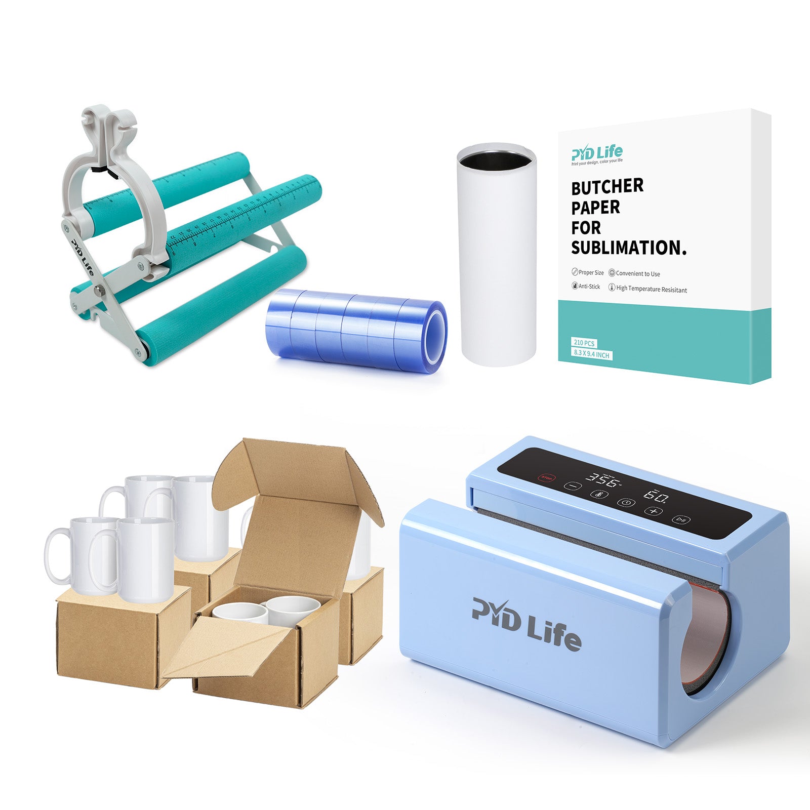 Auto Tumbler Heat Press Sublimation Starter Benginers Kit Bundle with Sublimation Tumblers,Sublimation Tape,Cups Cradle with Clamp  and Butcher Paper (4 Options)