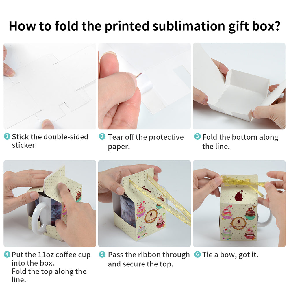 (2 Shapes) Sublimation Boxes Blanks for 11 OZ Sublimation Ceramic Mugs Matte White Sublimation Gift Boxes Blank with Golden Ribbon 20 Pack & 60 Pack & 100 Pack