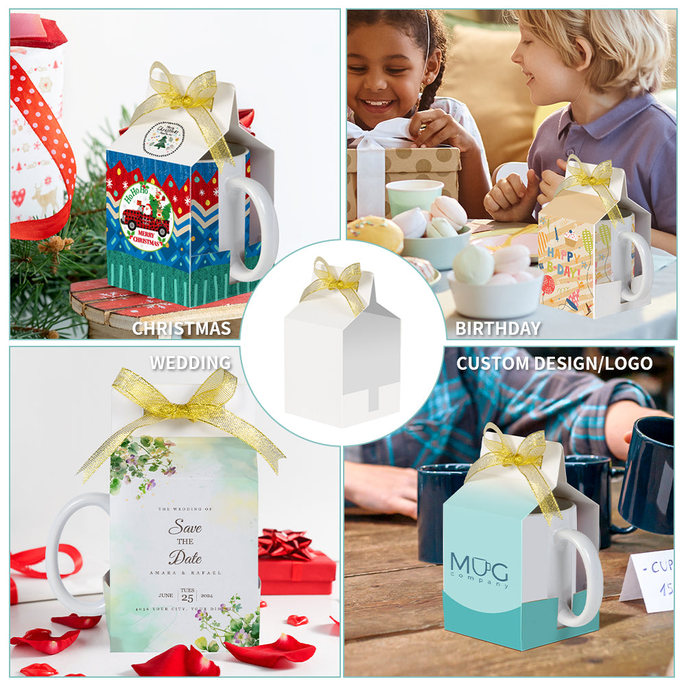 (2 Shapes) Sublimation Boxes Blanks for 11 OZ Sublimation Ceramic Mugs Matte White Sublimation Gift Boxes Blank with Golden Ribbon 20 Pack & 60 Pack & 100 Pack