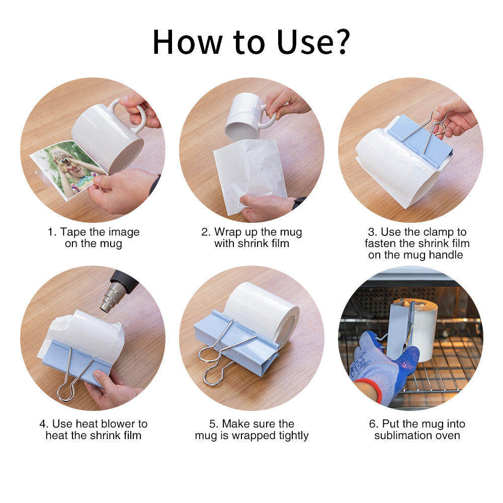 Sublimation Oven Tools Starter Kits Bundle with Heat Blower Gun, Heat Tape,Cup Cradle,Binder Clip,Y-Shaped Ruler,Sublimation Paper and Shrink Wrap Film