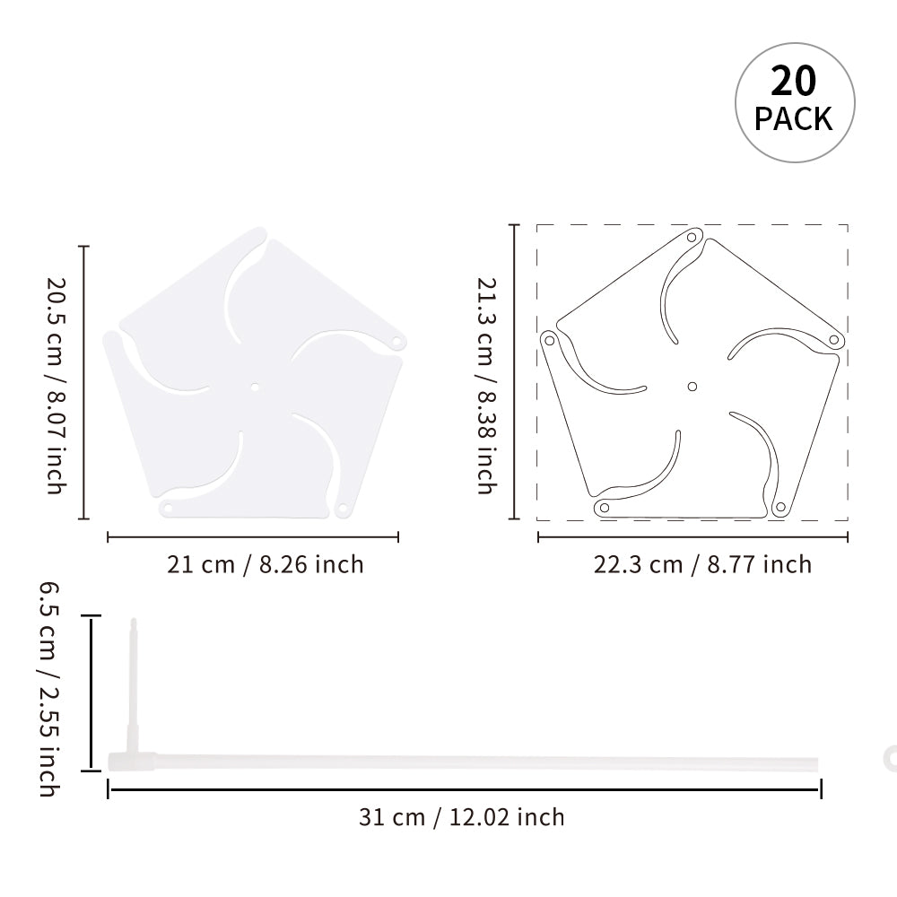 20 Pack Sublimation Windmill White Blanks Bulk 8.6" x 8.3" Plastic Double-sided Printable with 11.7" Plastic Stickers