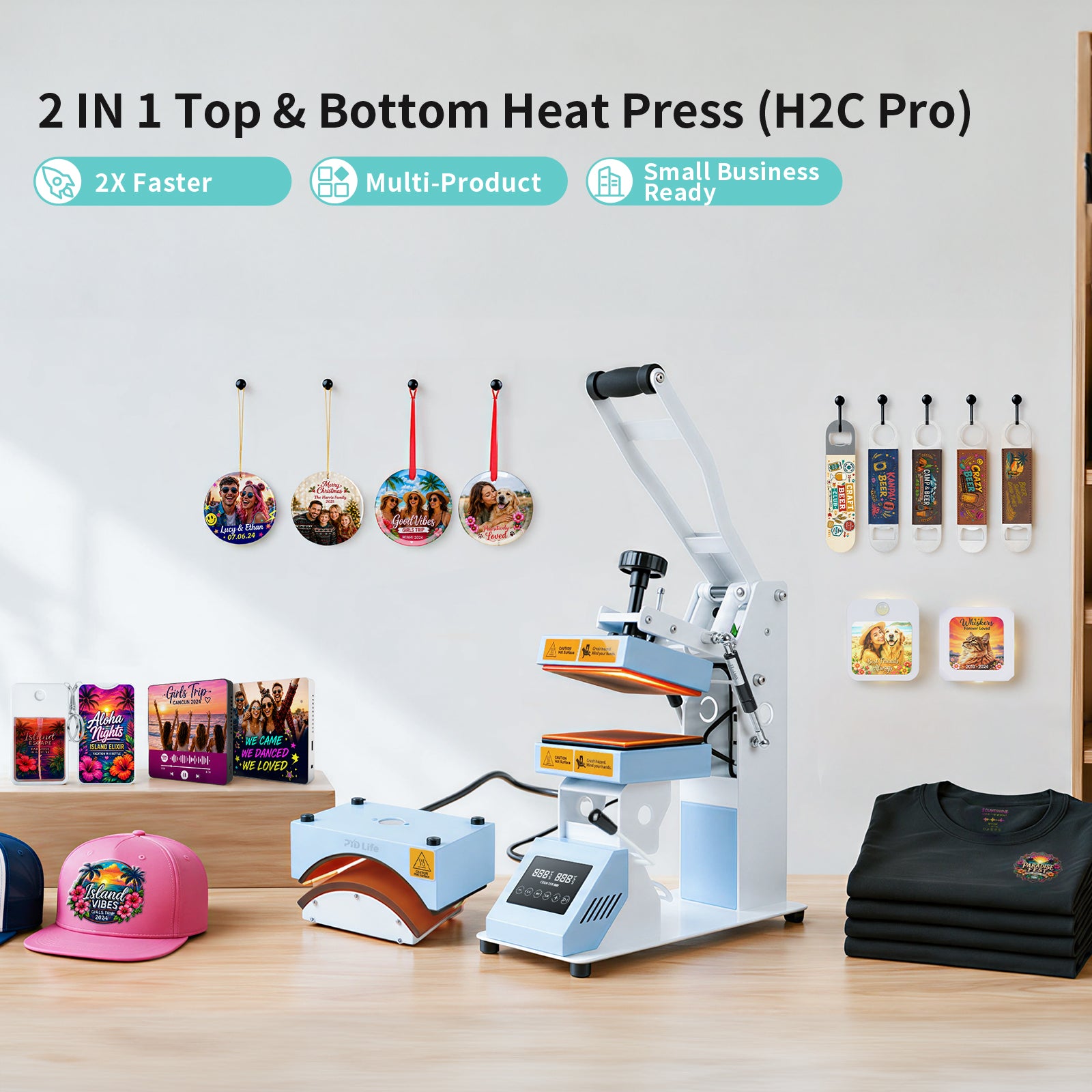 H2C PRO 2 in 1 Top and Bottom Heat Press Machine Light Blue 110 V, Mini Combo Hat and Flat Press for DTF 3D UV DTF Labels, Double-Sided Blanks Sublimation Printing