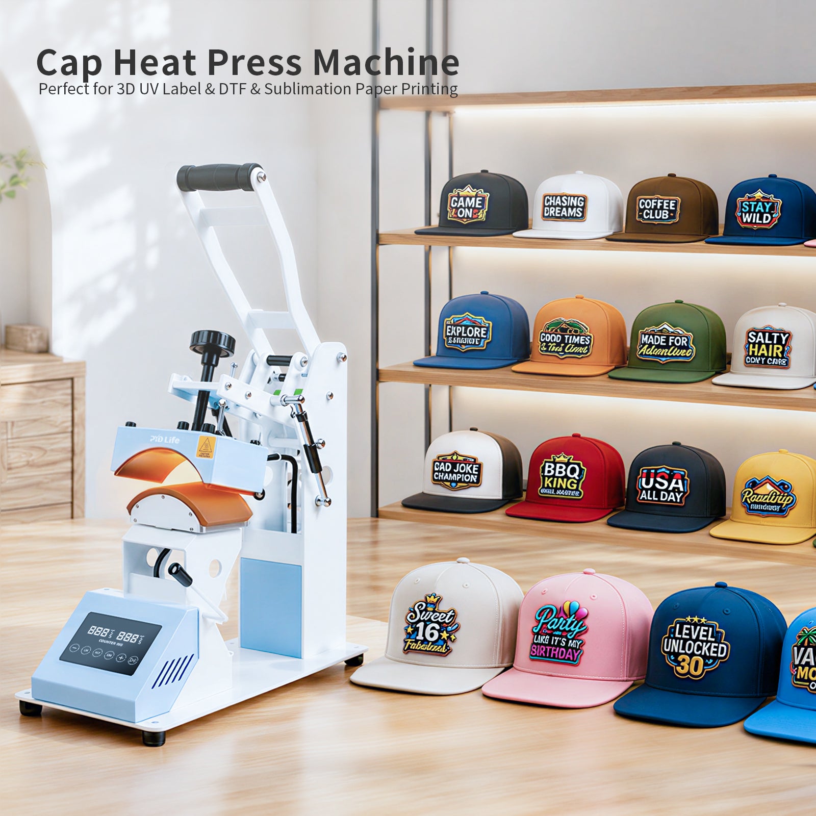 H2C PRO 2 in 1 Top and Bottom Heat Press Machine Light Blue 110 V, Mini Combo Hat and Flat Press for DTF 3D UV DTF Labels, Double-Sided Blanks Sublimation Printing