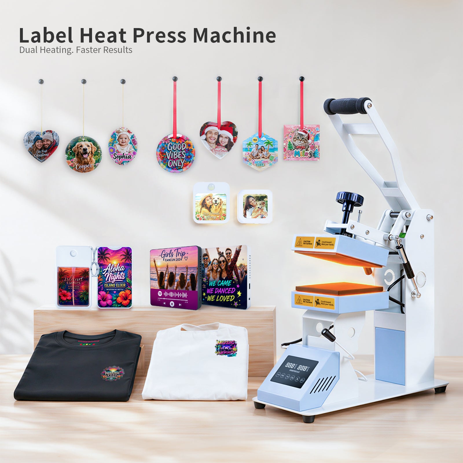 H2C PRO 2 in 1 Top and Bottom Heat Press Machine Light Blue 110 V, Mini Combo Hat and Flat Press for DTF 3D UV DTF Labels, Double-Sided Blanks Sublimation Printing