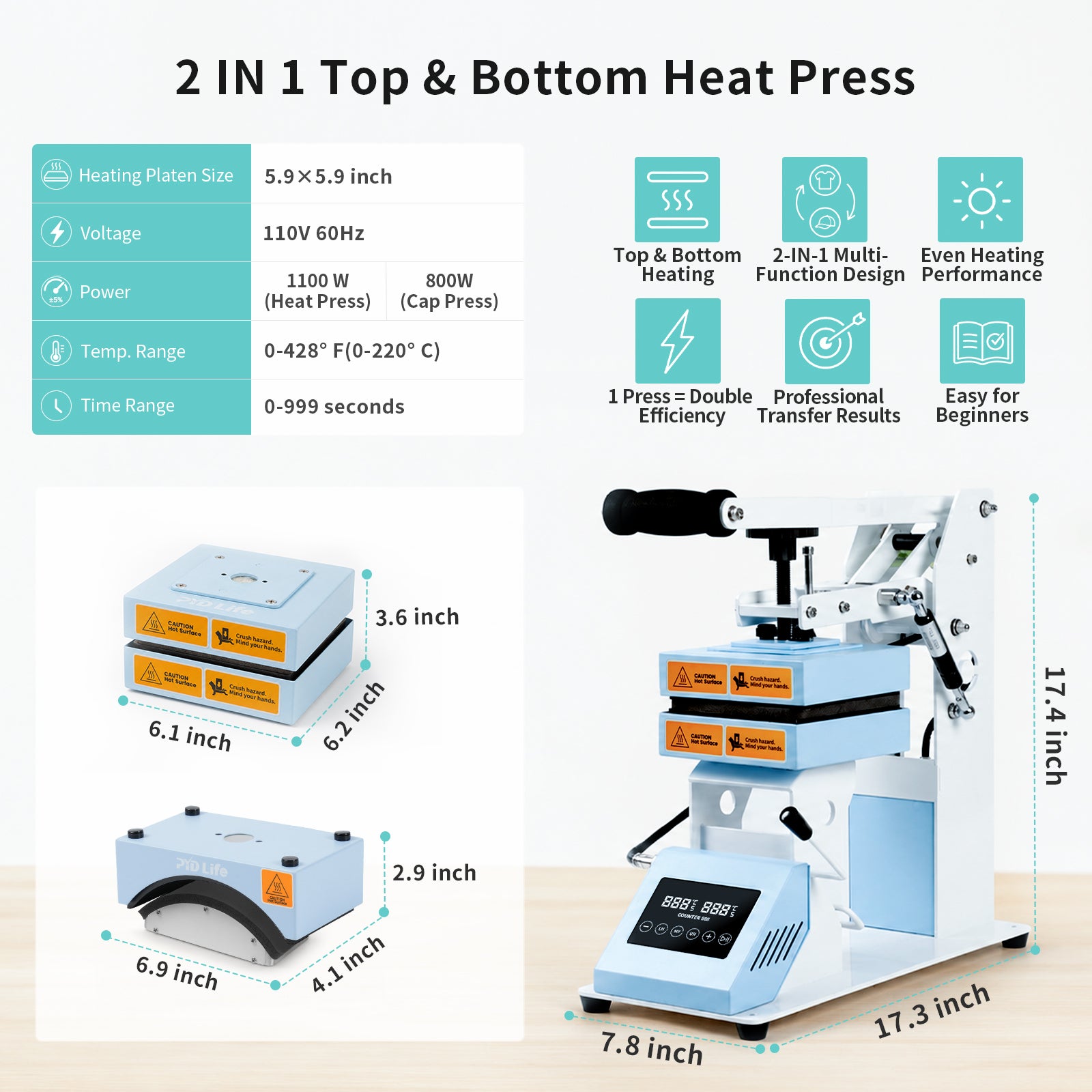 H2C PRO 2 in 1 Top and Bottom Heat Press Machine Light Blue 110 V, Mini Combo Hat and Flat Press for DTF 3D UV DTF Labels, Double-Sided Blanks Sublimation Printing