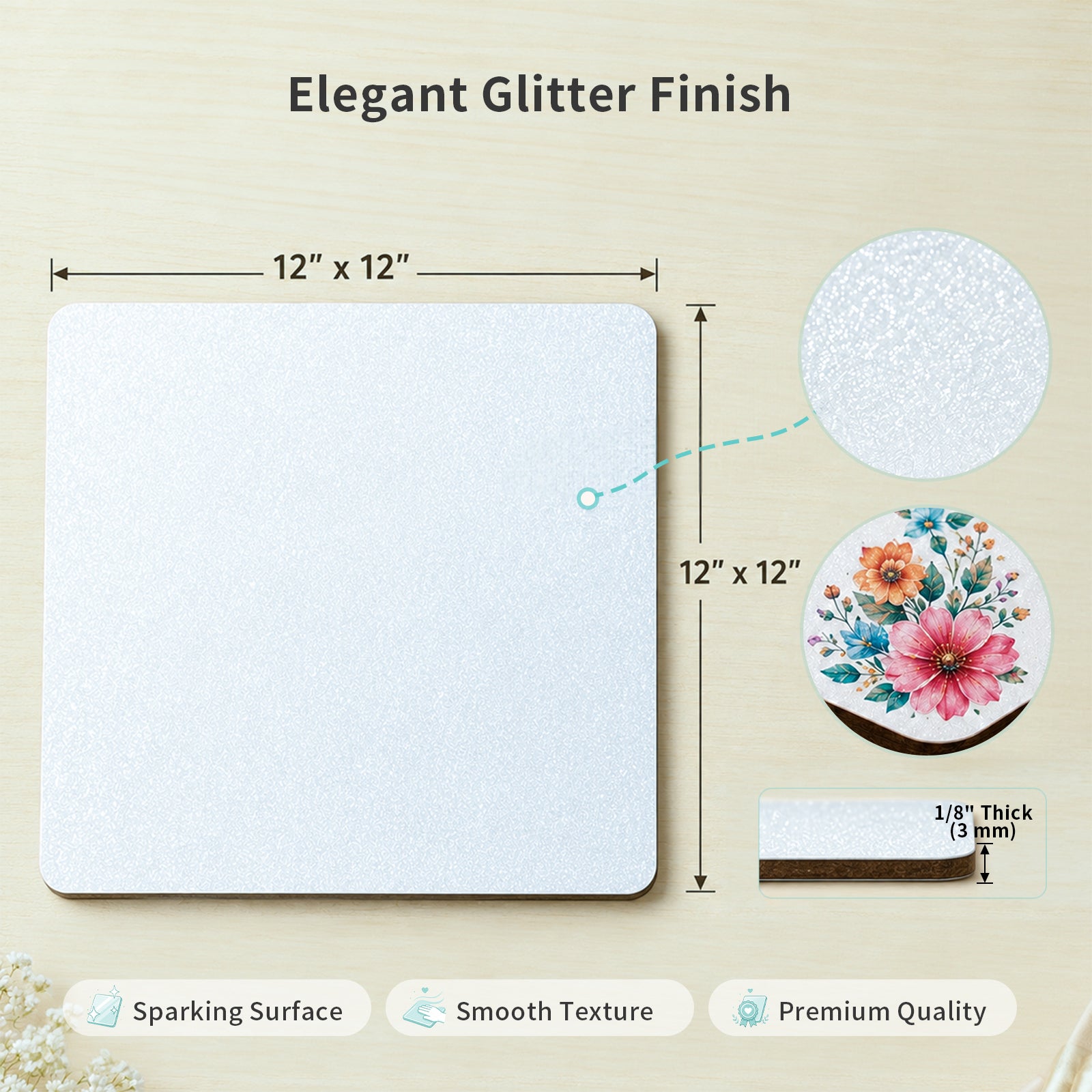Wholesale Sublimation Hardboards MDF White Glitter 12" x 12",1/8" Thick Laser Boards for Heat Transfer, for Custom Coasters Ornaments 4 Pack