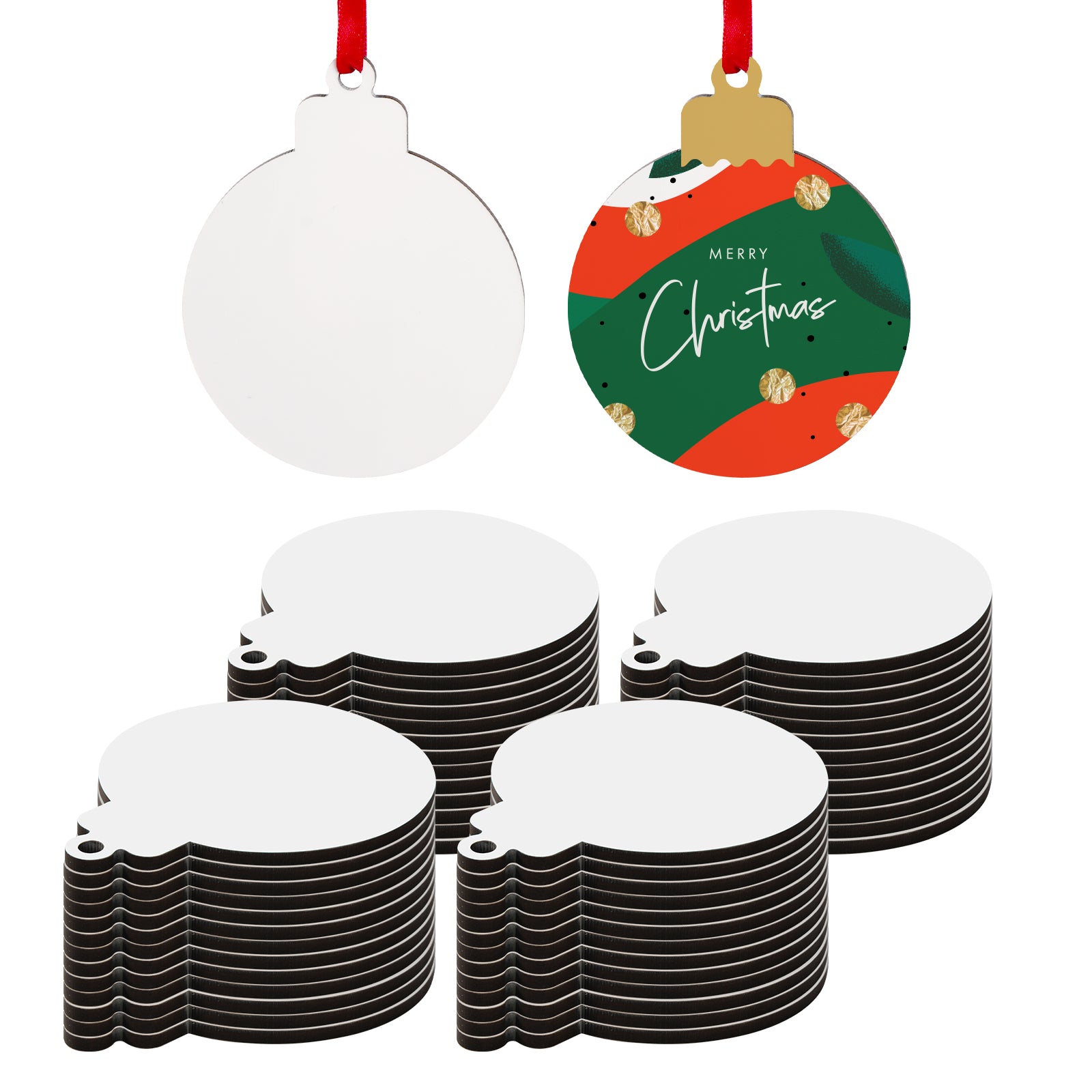 Wholesale Sublimation Hardboard Ornaments Blanks 3 Inch Double-Sided Printable MDF Ball-Shaped with Red Ribbon Bulk for Easter Christmas Home Decor 100 Pack