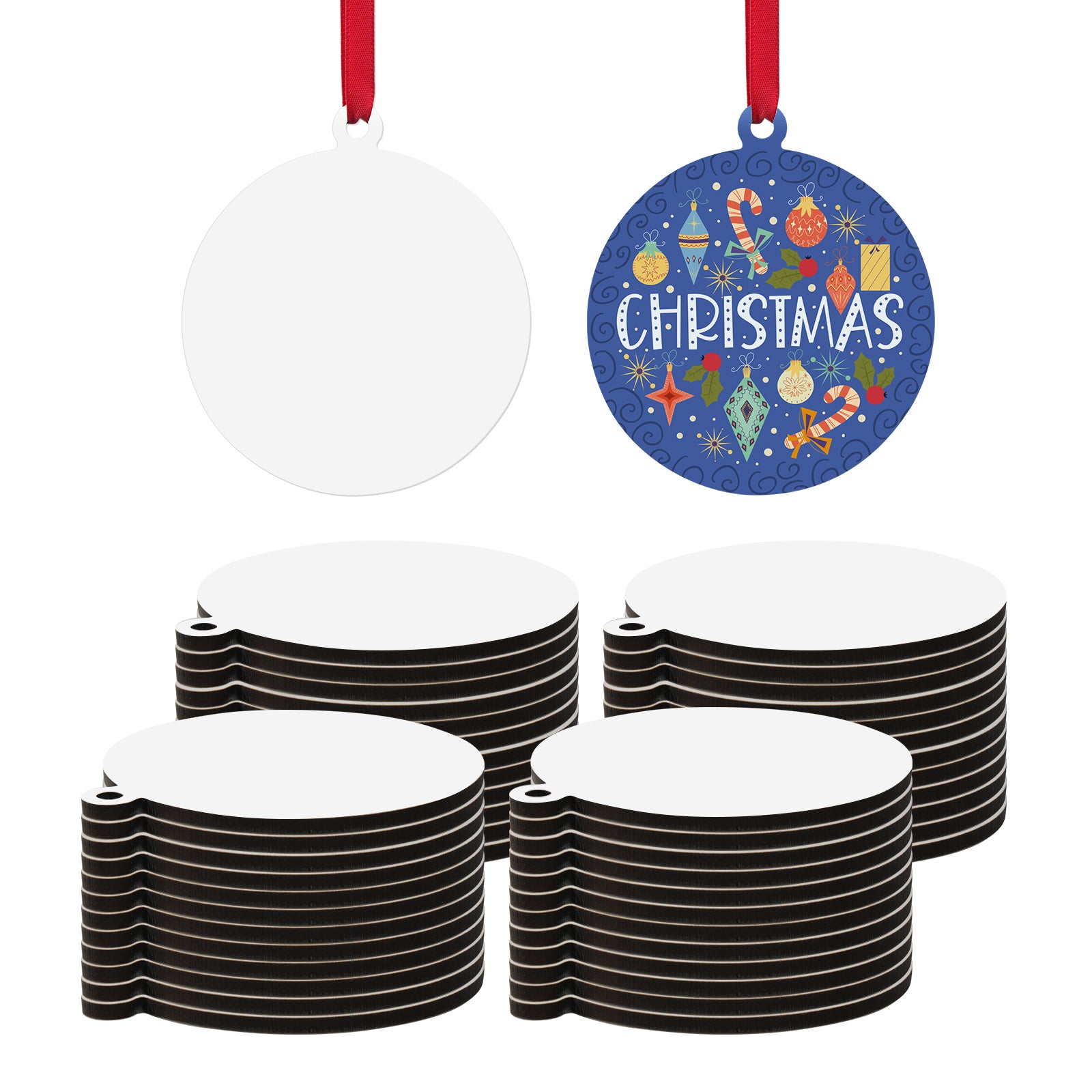 Wholesale Sublimation Hardboard Ornaments Blanks 3 Inch Round MDF Double-Sided Printable Bulk with Red Ribbon for Sublimation Personalized Christmas Tree Home Decor 100 Pack