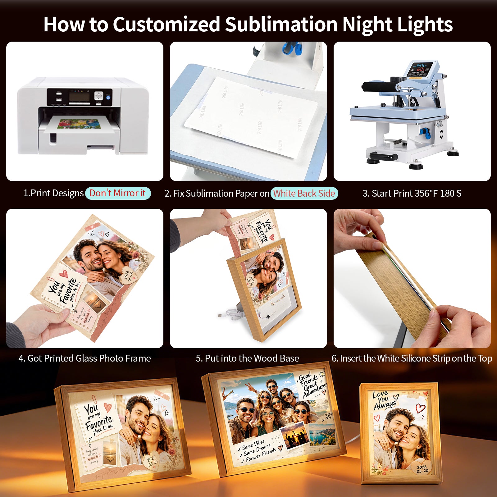 Sublimation Blanks Glass Night Lights LED Photo Frames (3 size) 2 Pack & 4 Pack & 8 Pack