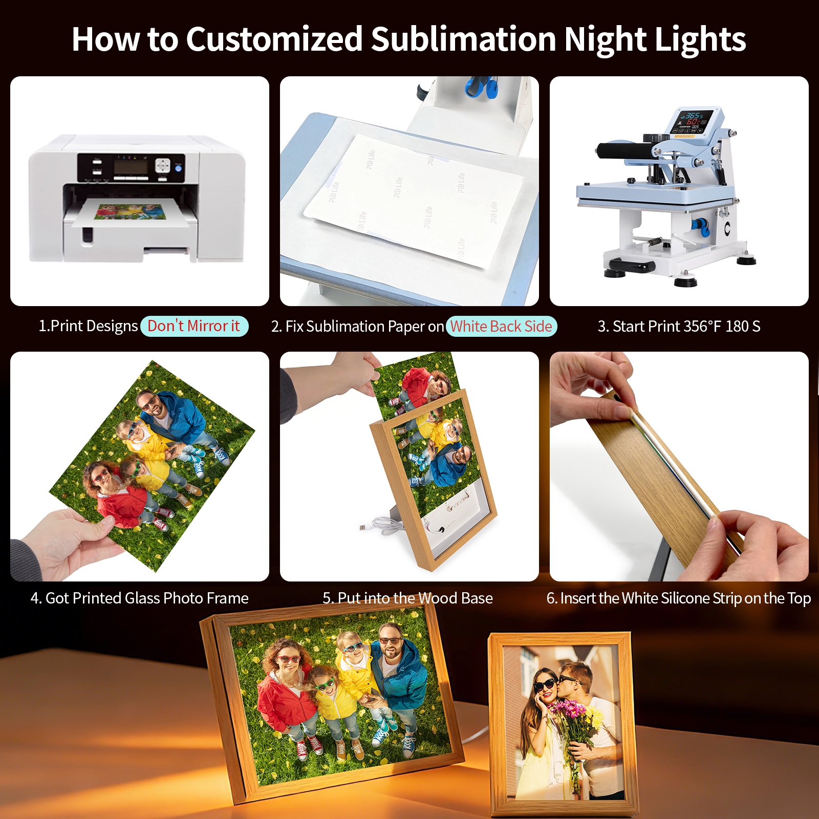 Wholesale A5 or A4 Night Light Photo Frames Panels with Sublimation Glass Sheets with Wooden Frame 3 Light Modes for Tabletop Display Home Decor 2 Pack