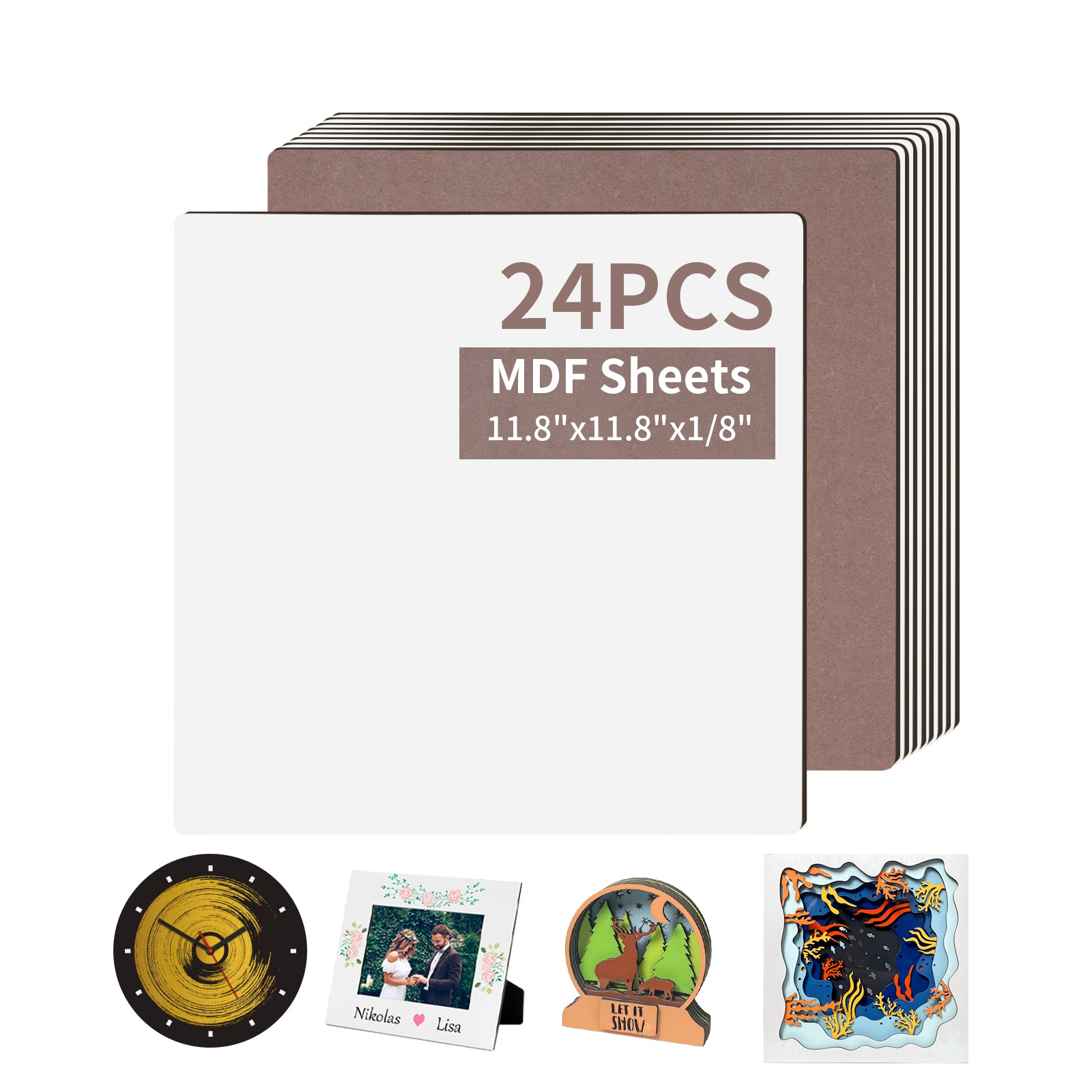 Wholesale Sublimation MDF Board Blanks Sheets Bulk White 11.8" x 11.8",1/8" Thick(3 mm) Wood Boards for Custom Coasters Ornaments,for Xtool Glowforge 40 W Cutting Machine 24 Pack & 72 Pack & 144 Pack