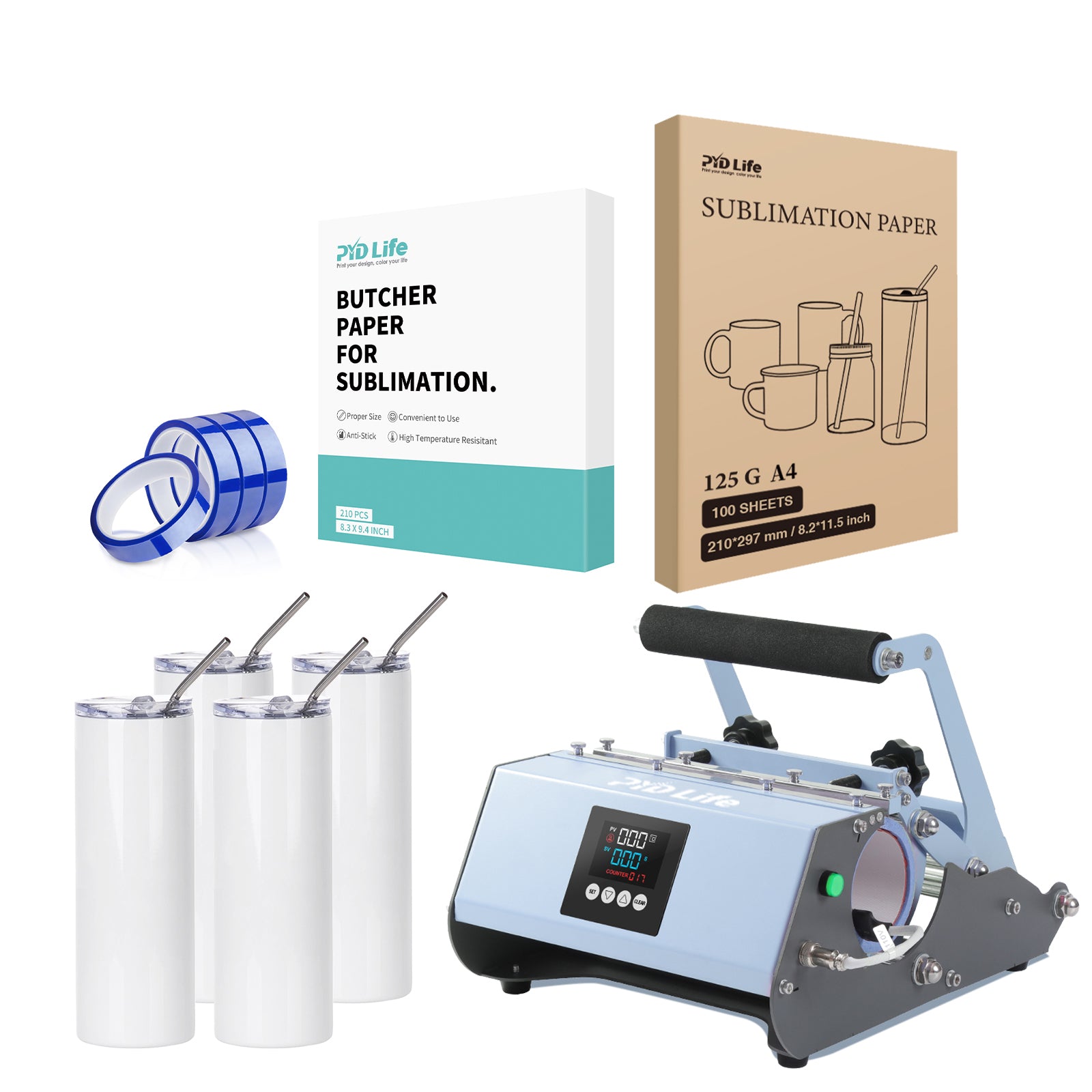 30 OZ Tumbler Heat Press Sublimation Starter Benginers Kit Bundle with 20 OZ Sublimation Tumblers,Sublimation Tape,Sublimation Paper and Butcher Paper