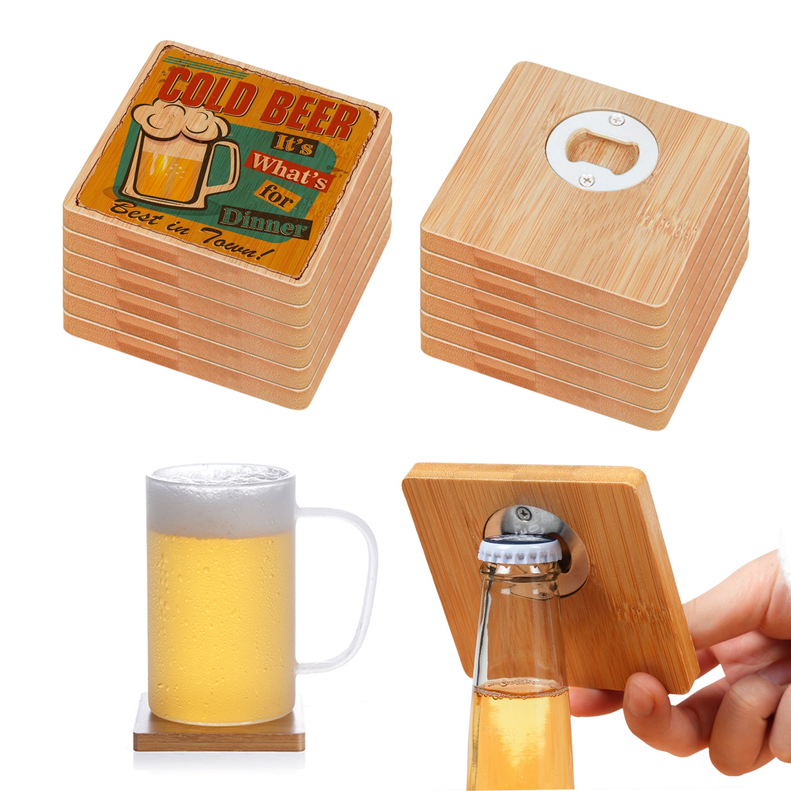 Wholesale 2 in 1 Sublimation Stainless Steel Bottle Opener Mug Cup Coasters Blanks Bamboo (2  Shapes)