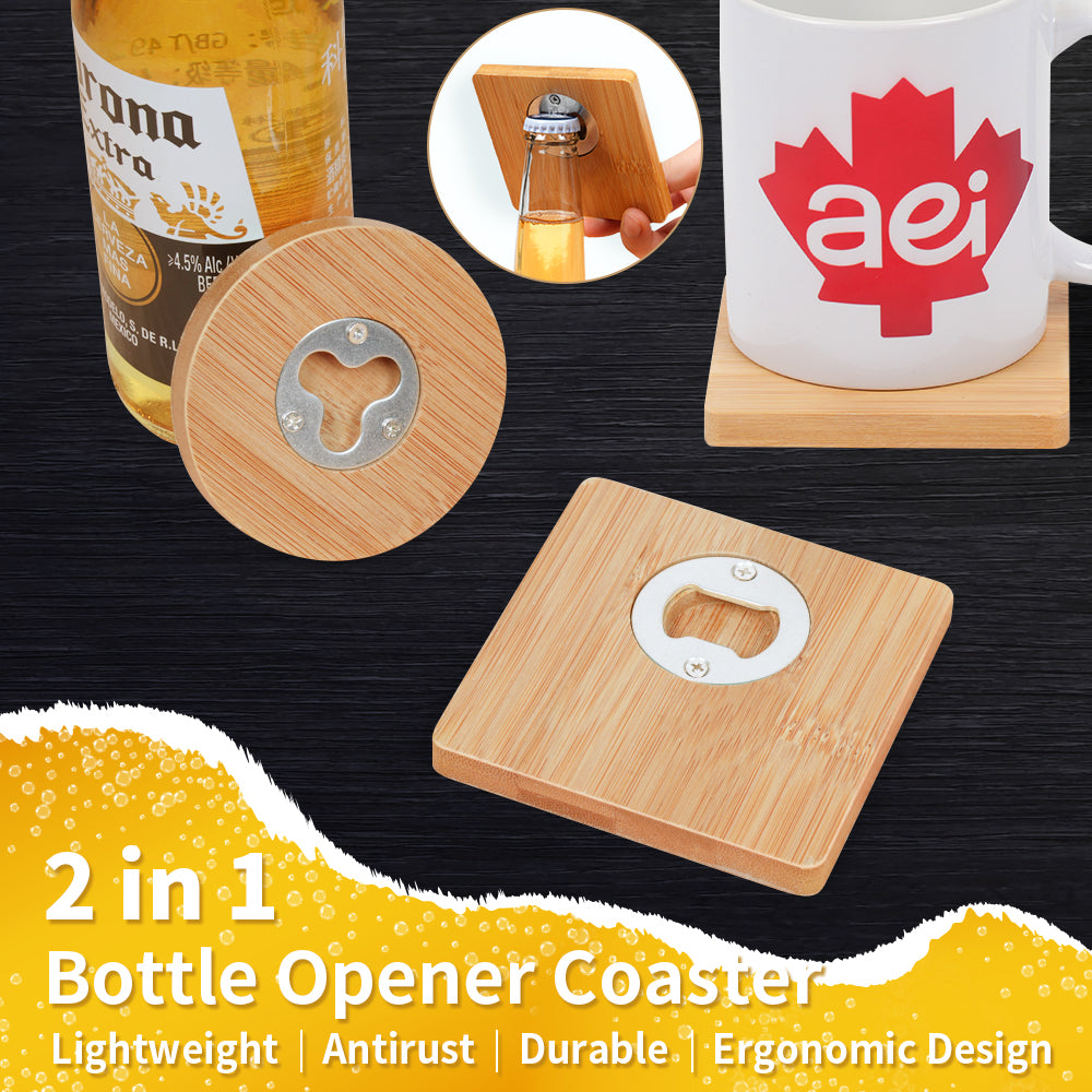 Wholesale 2 in 1 Sublimation Stainless Steel Bottle Opener Mug Cup Coasters Blanks Bamboo (2  Shapes)