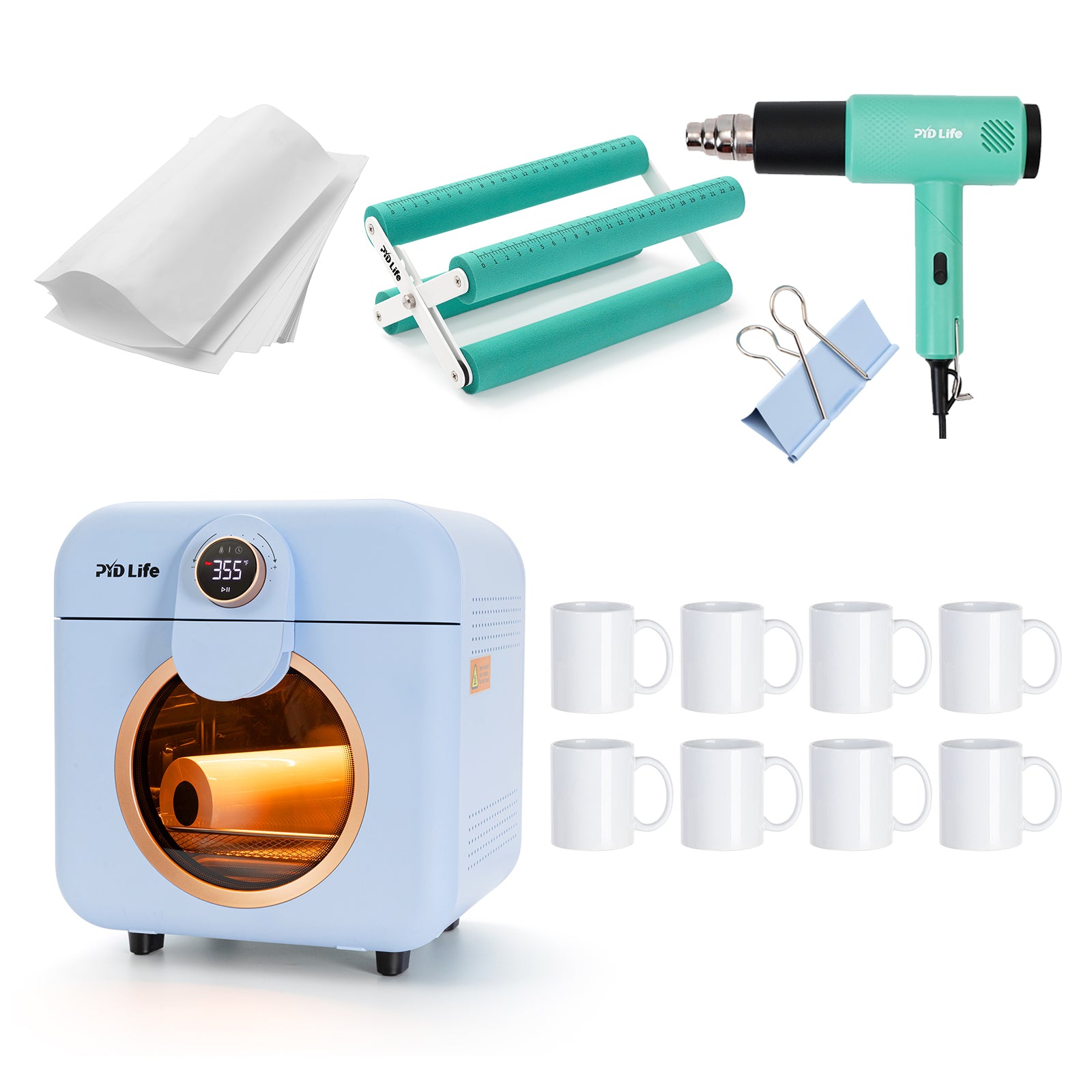 12 L Sublimation Oven Heat Press Machine Starter Benginers Kit Bundle with 11oz Sublimation Mug,Sublimation Shrink Wrap Film,Heat Blower Gun,Binder Clips and Cup Tumbler Cradle