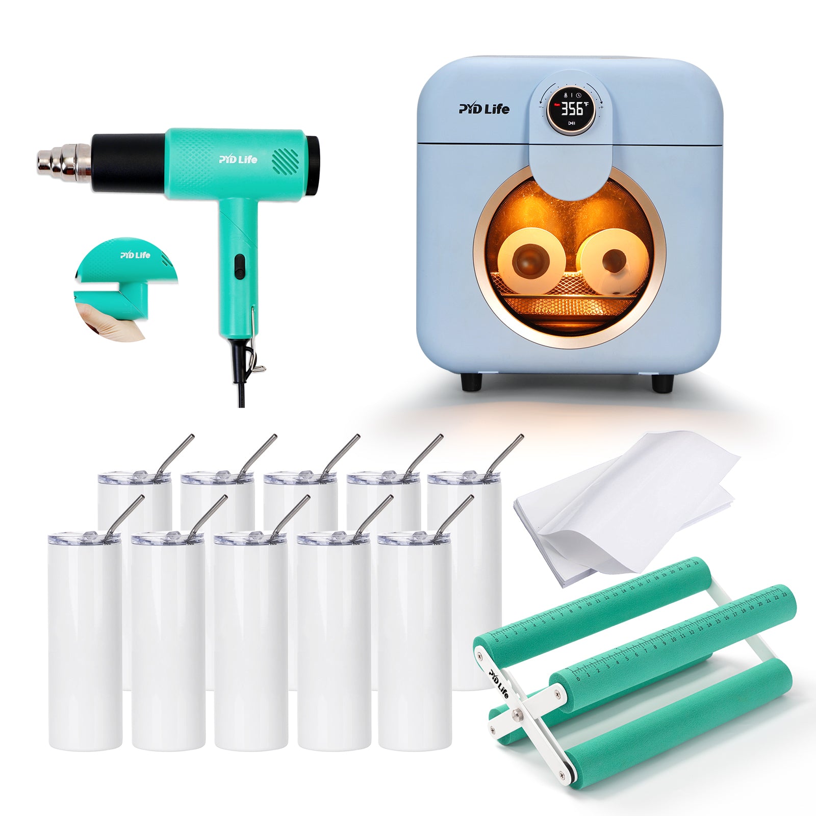 12 L Sublimation Oven Machine With 20 OZ Sublimation Tumblers, Cup Tumbler Cradle, Shrink Wrap Films And Heat Blower Foldable Handle